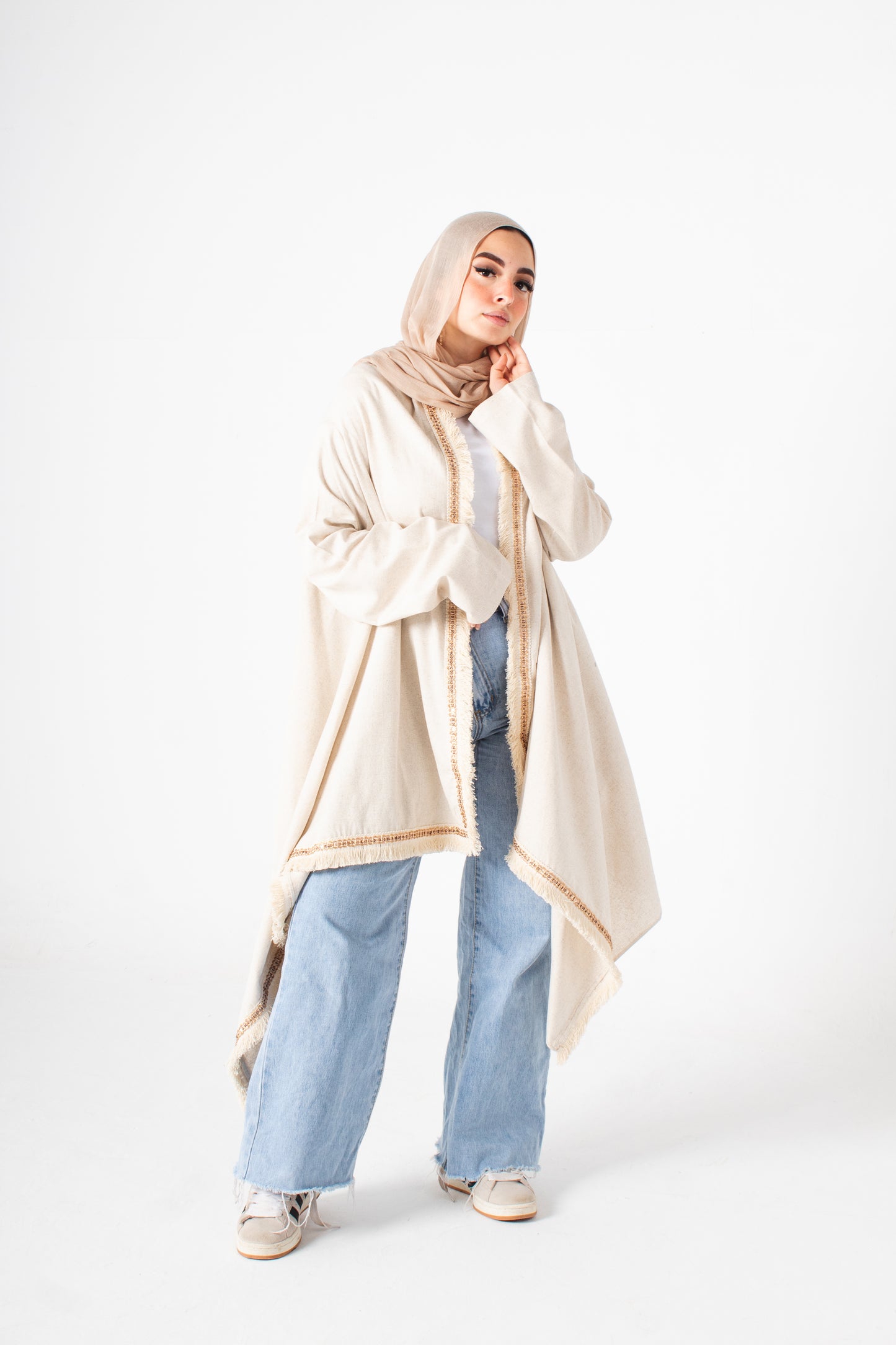 Cream linen high and low free size cardigan