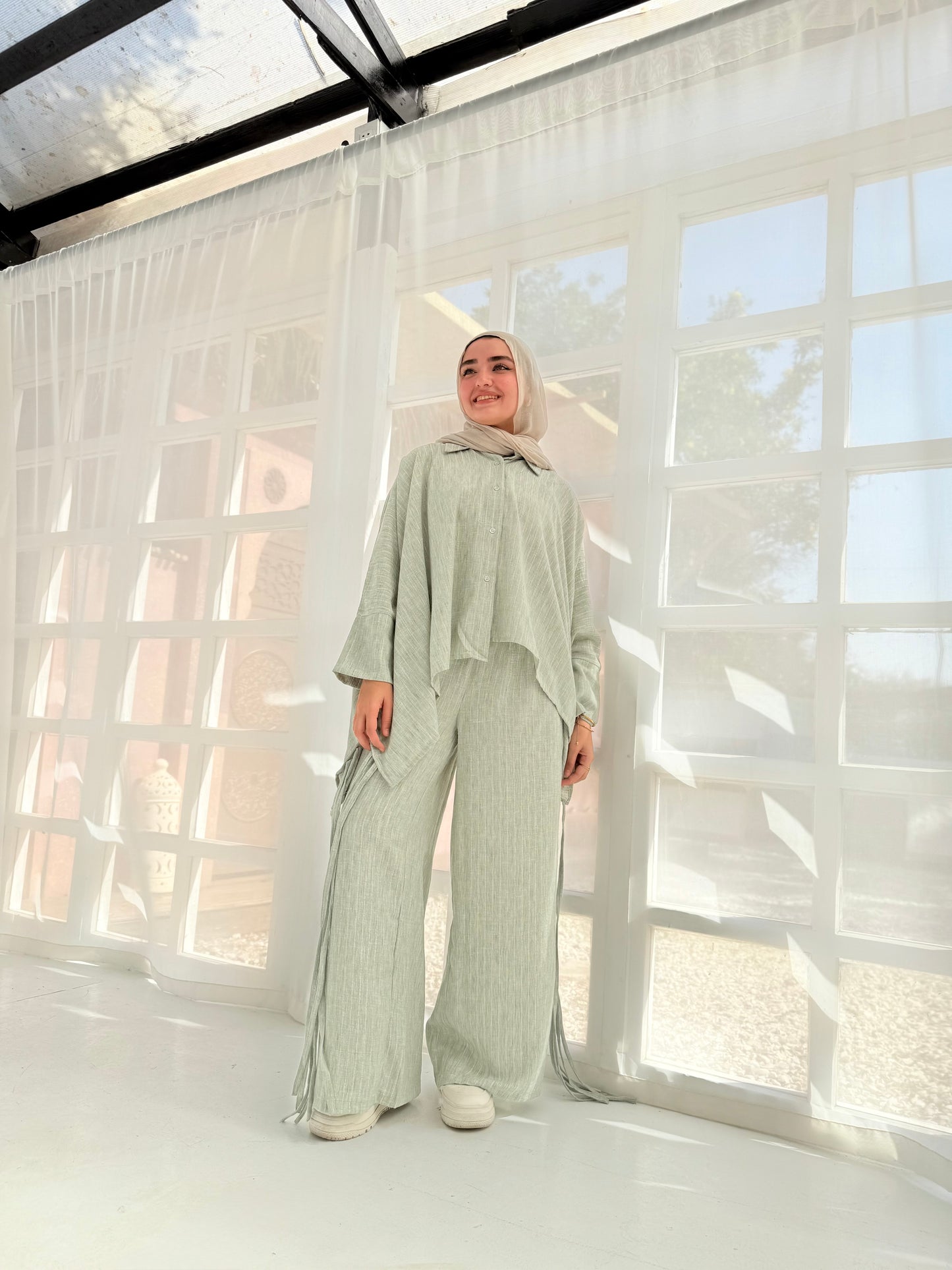 Mint linen set Striped with silver