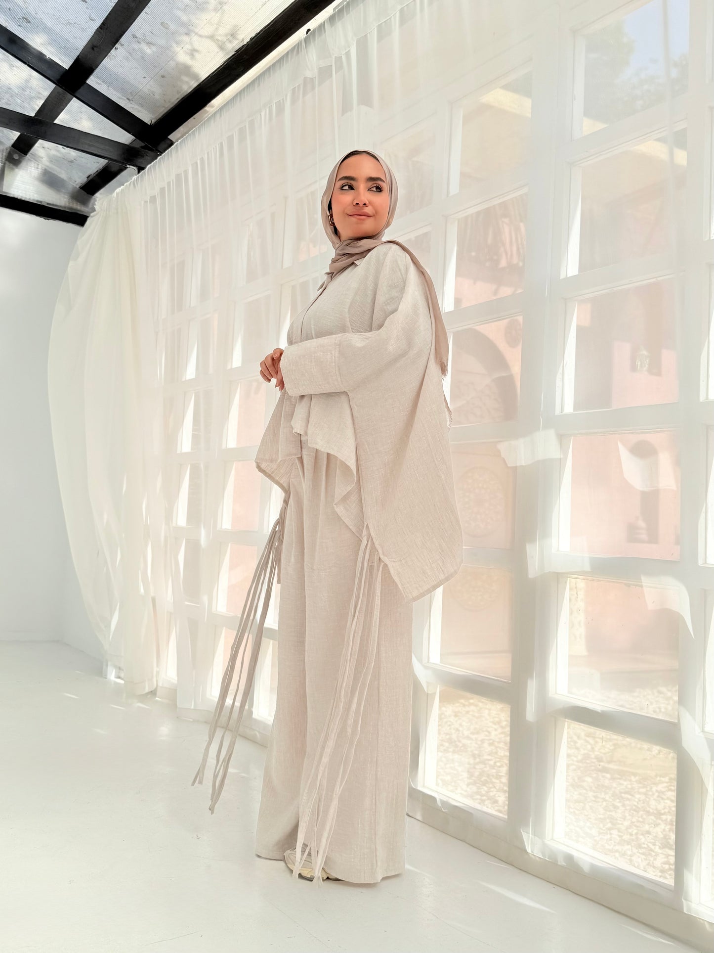 Beige linen set Striped with silver