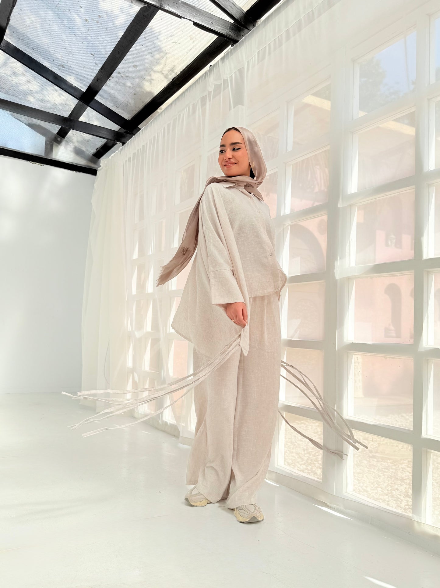 Beige linen set Striped with silver