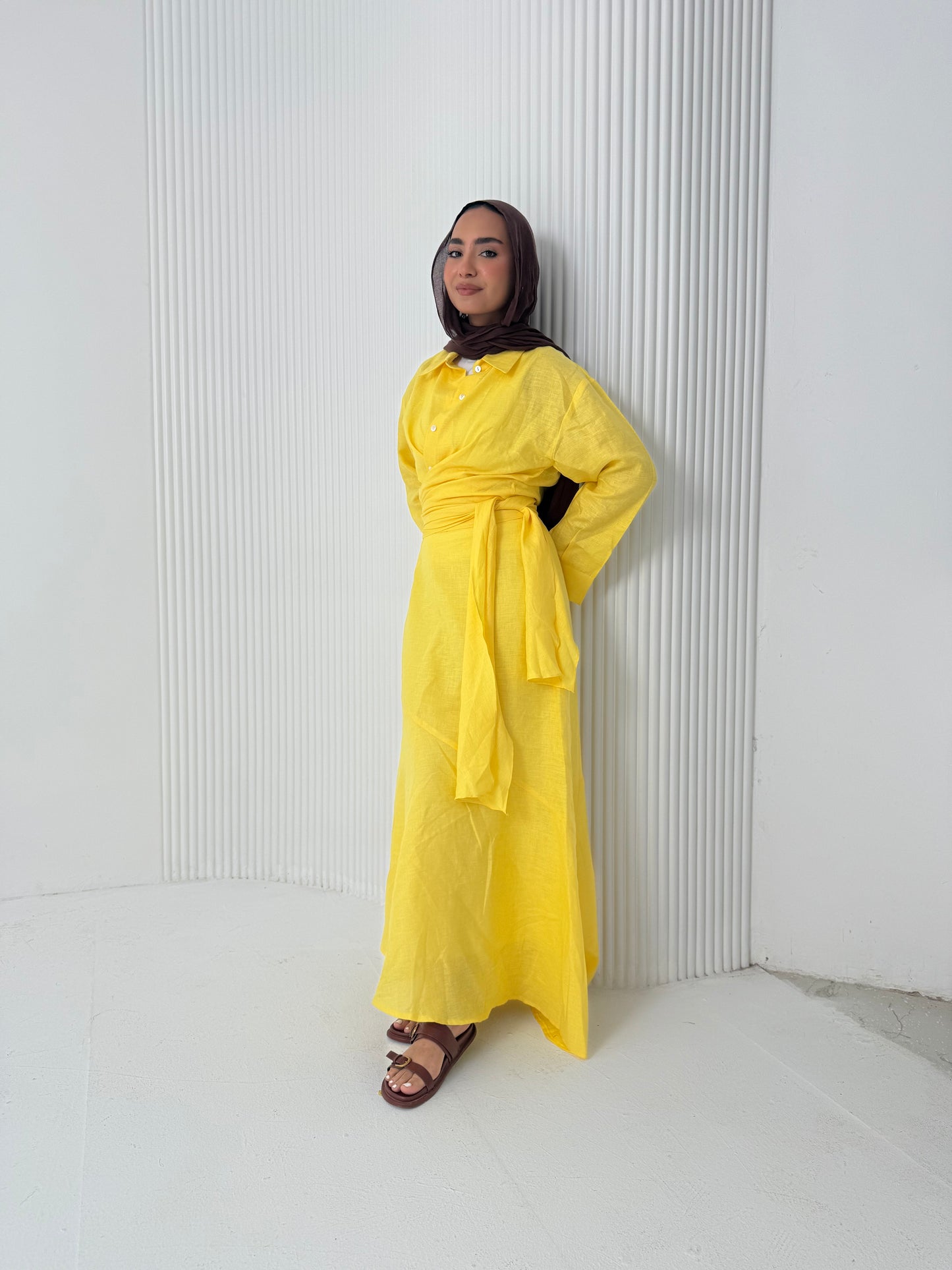 Yellow pure linen set (lined skirt)