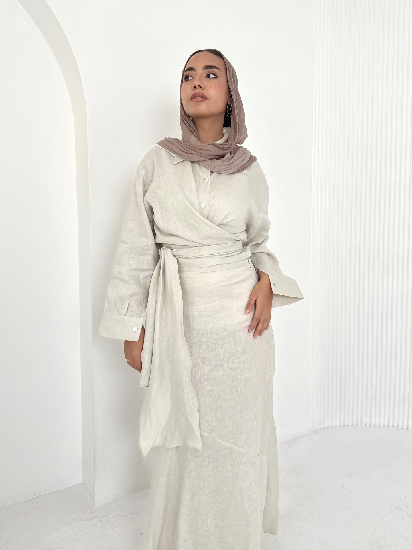 Beige pure linen set (lined skirt)