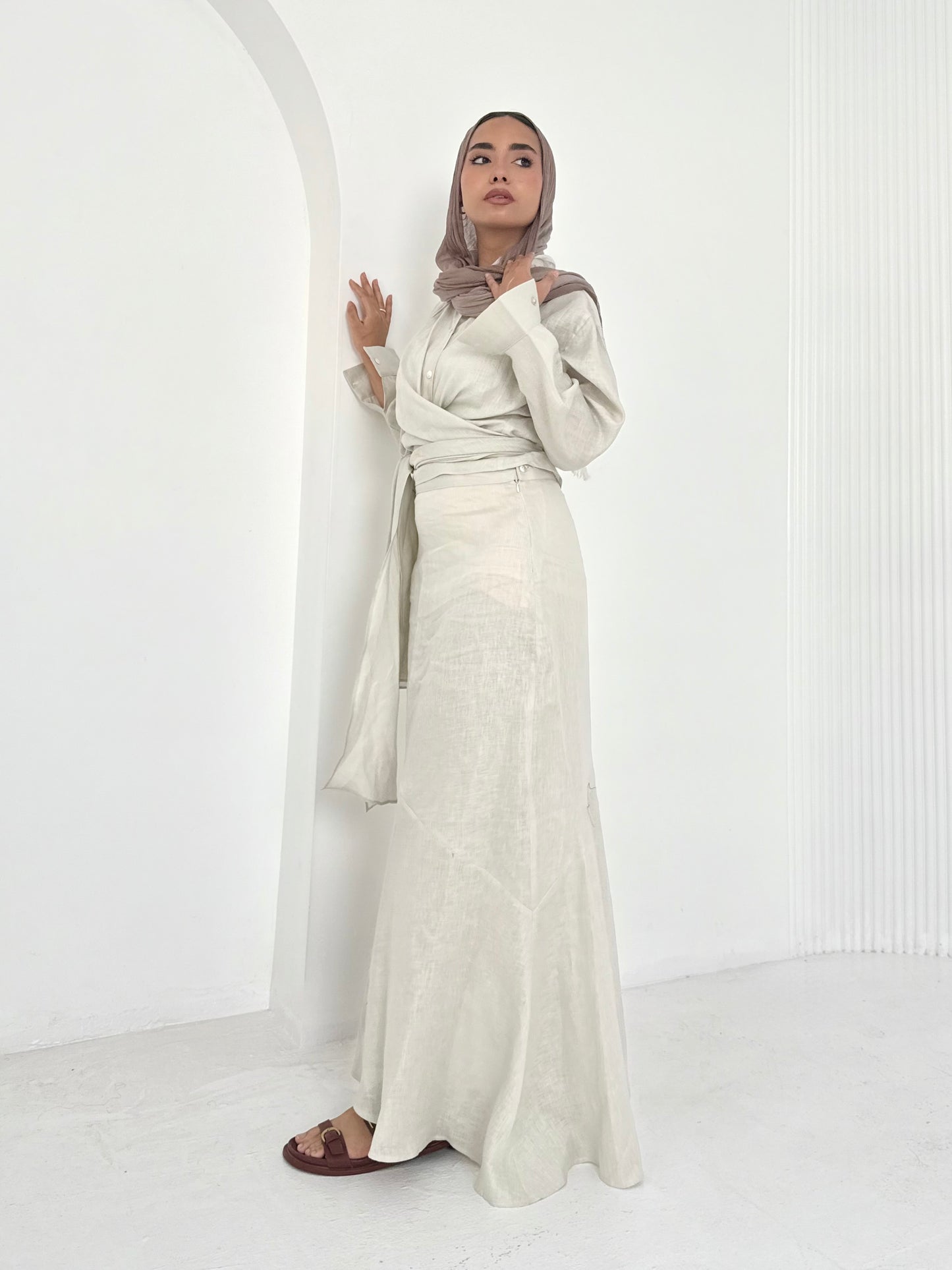 Beige pure linen set (lined skirt)