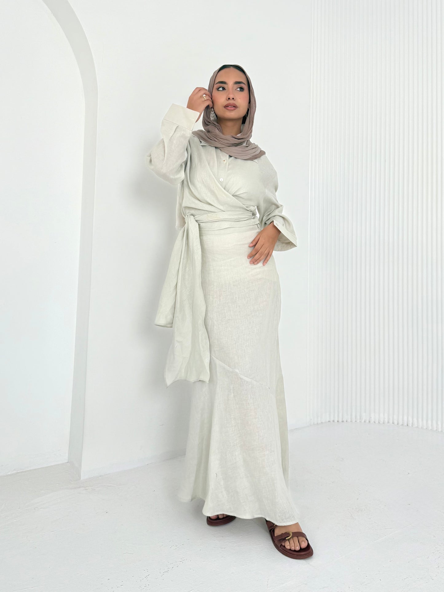 Beige pure linen set (lined skirt)