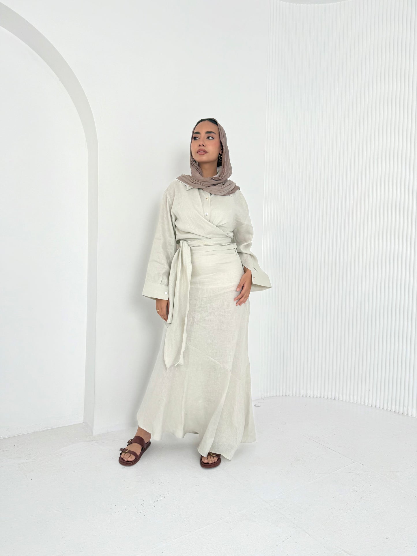Beige pure linen set (lined skirt)