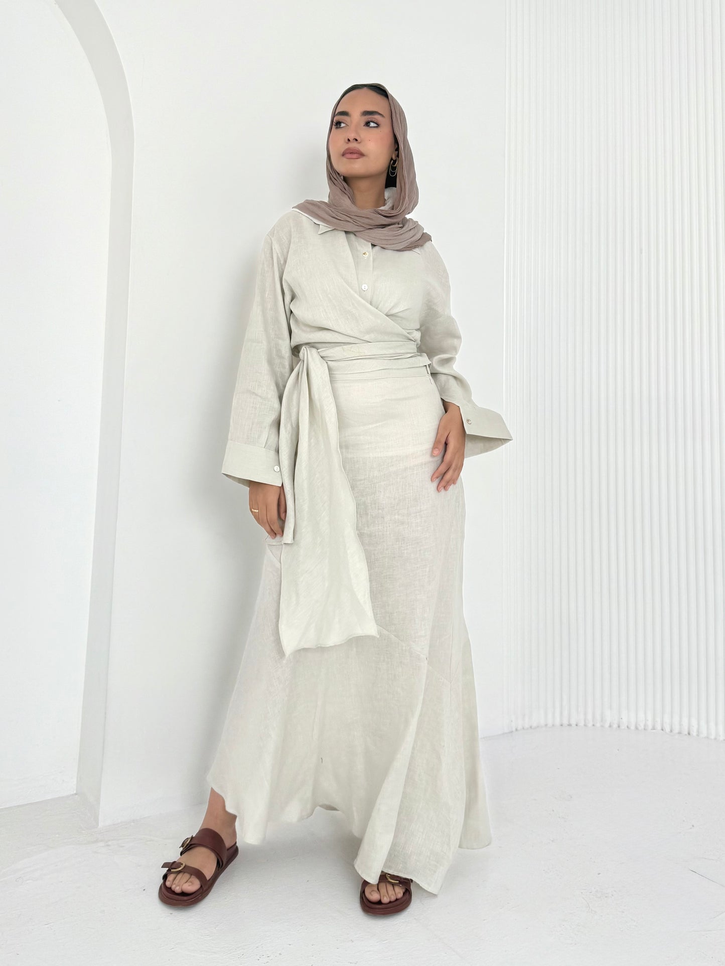 Beige pure linen set (lined skirt)