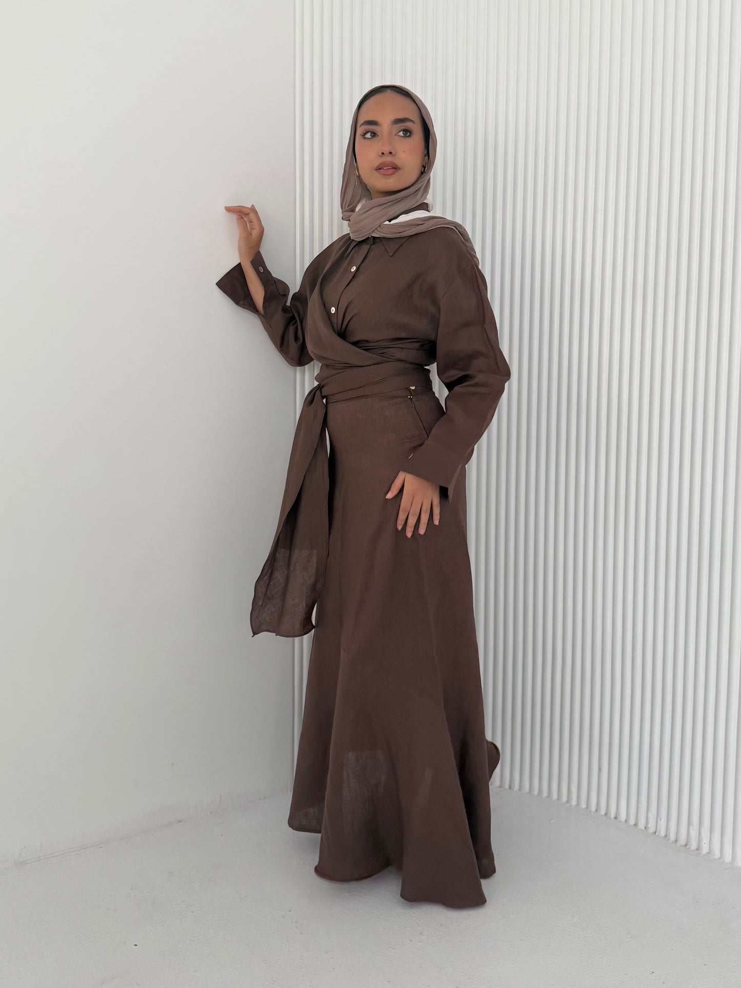 Brown pure linen skirt (lined skirt)