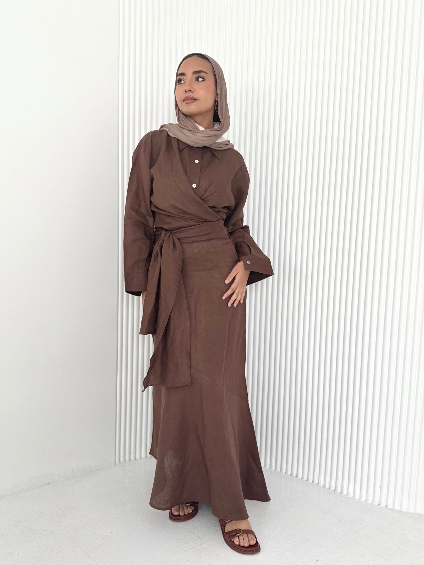 Brown pure linen skirt (lined skirt)