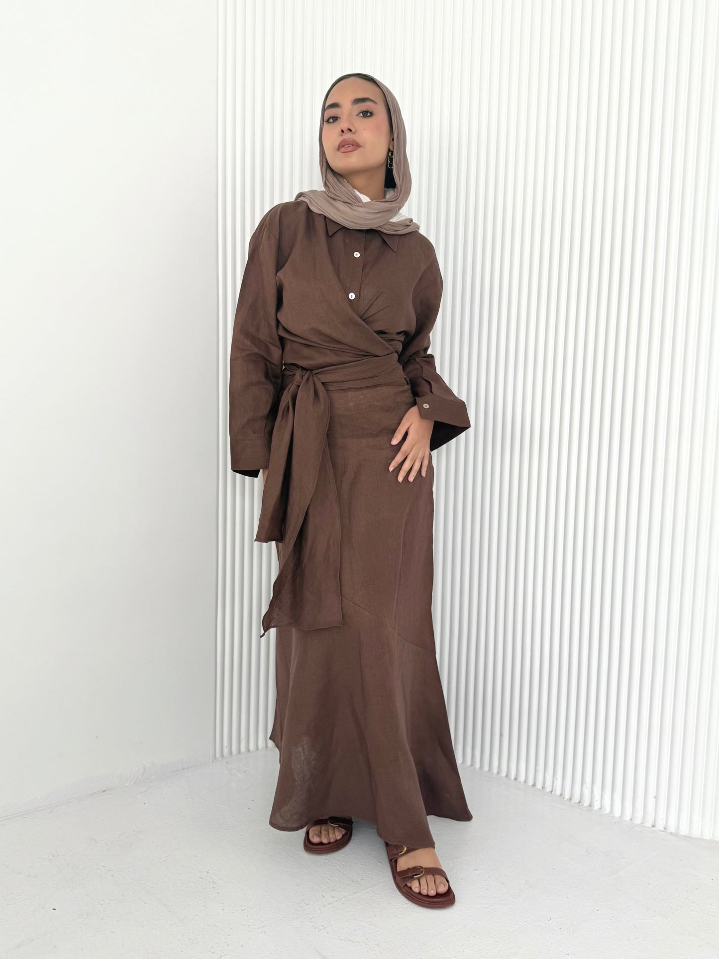 Brown pure linen skirt (lined skirt)