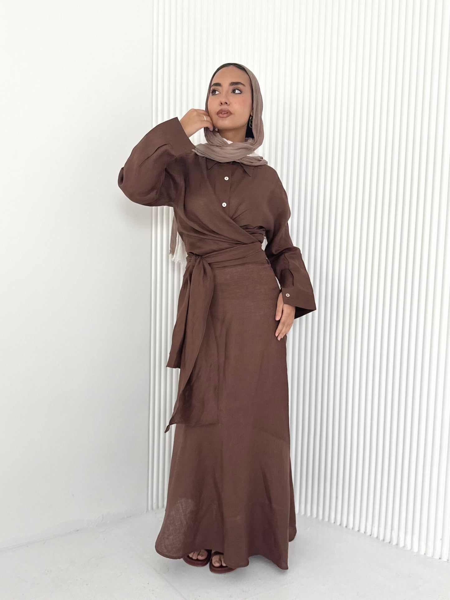 Brown pure linen skirt (lined skirt)