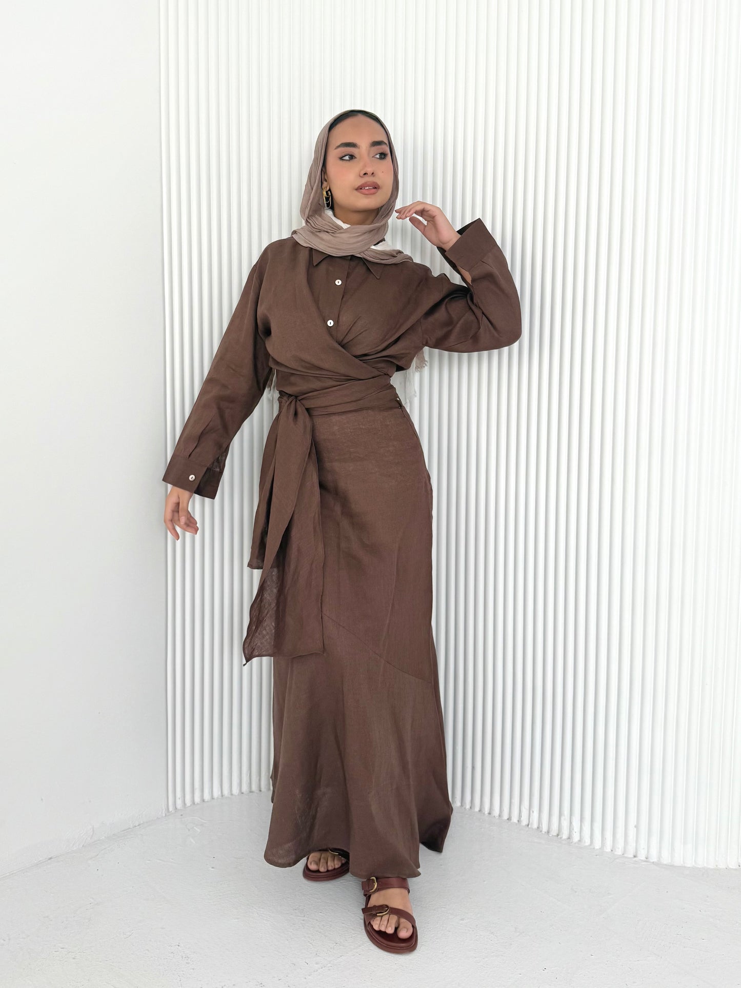 Brown pure linen skirt (lined skirt)