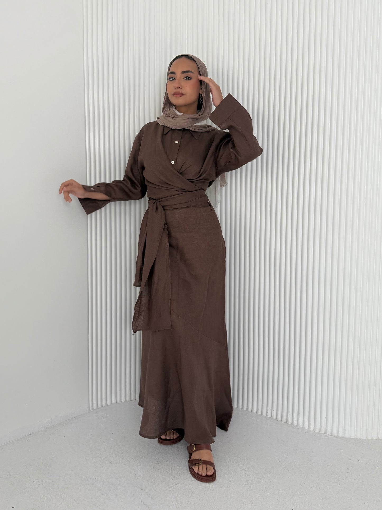Brown pure linen skirt (lined skirt)