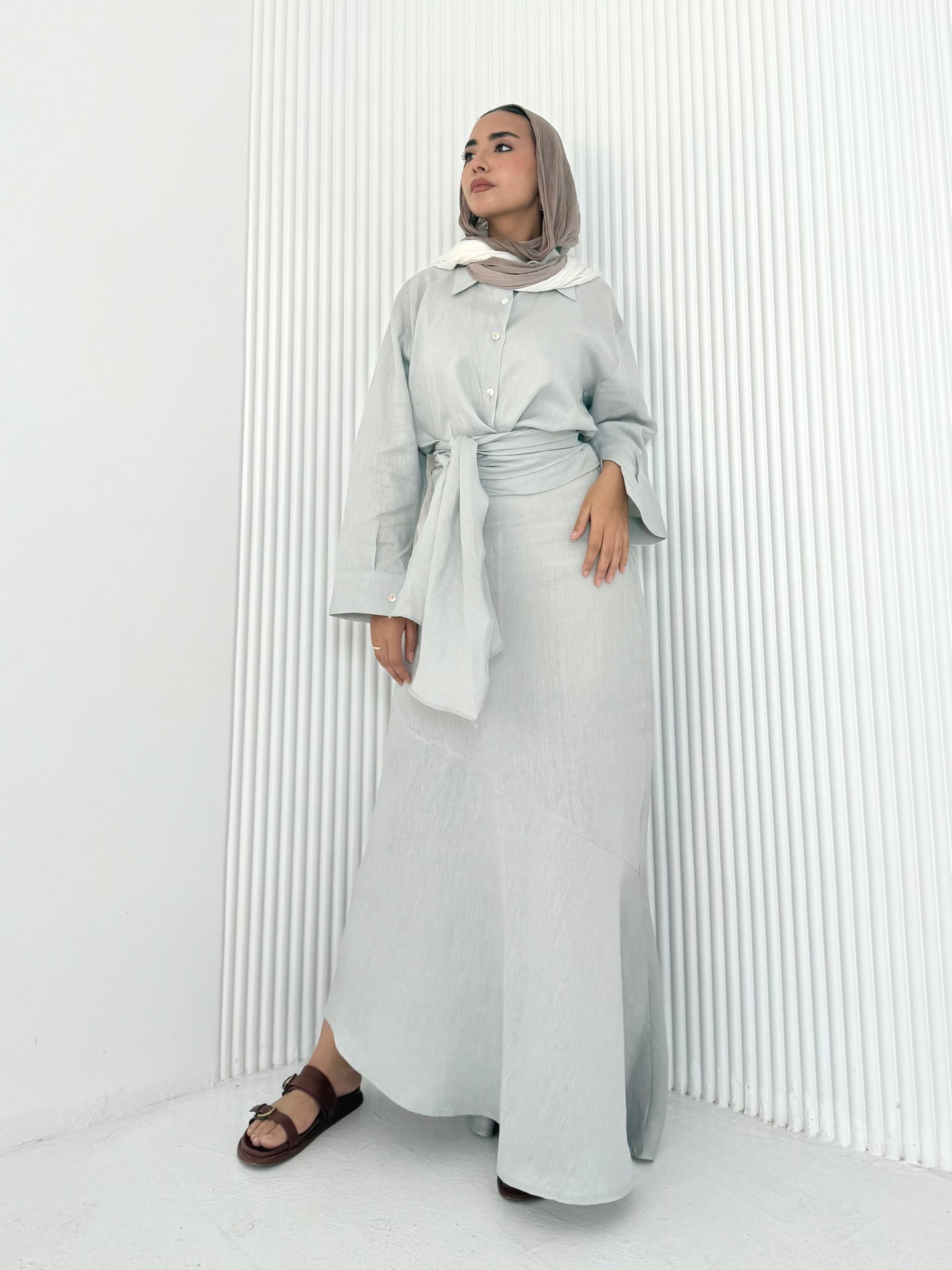 Gray pure linen set (lined skirt)