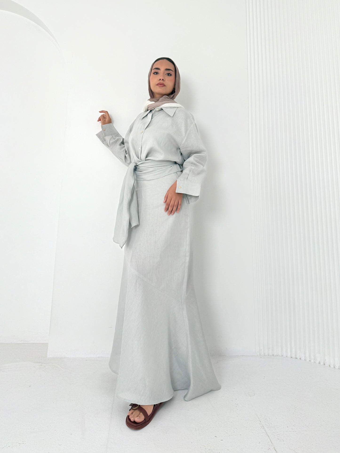 Gray pure linen set (lined skirt)