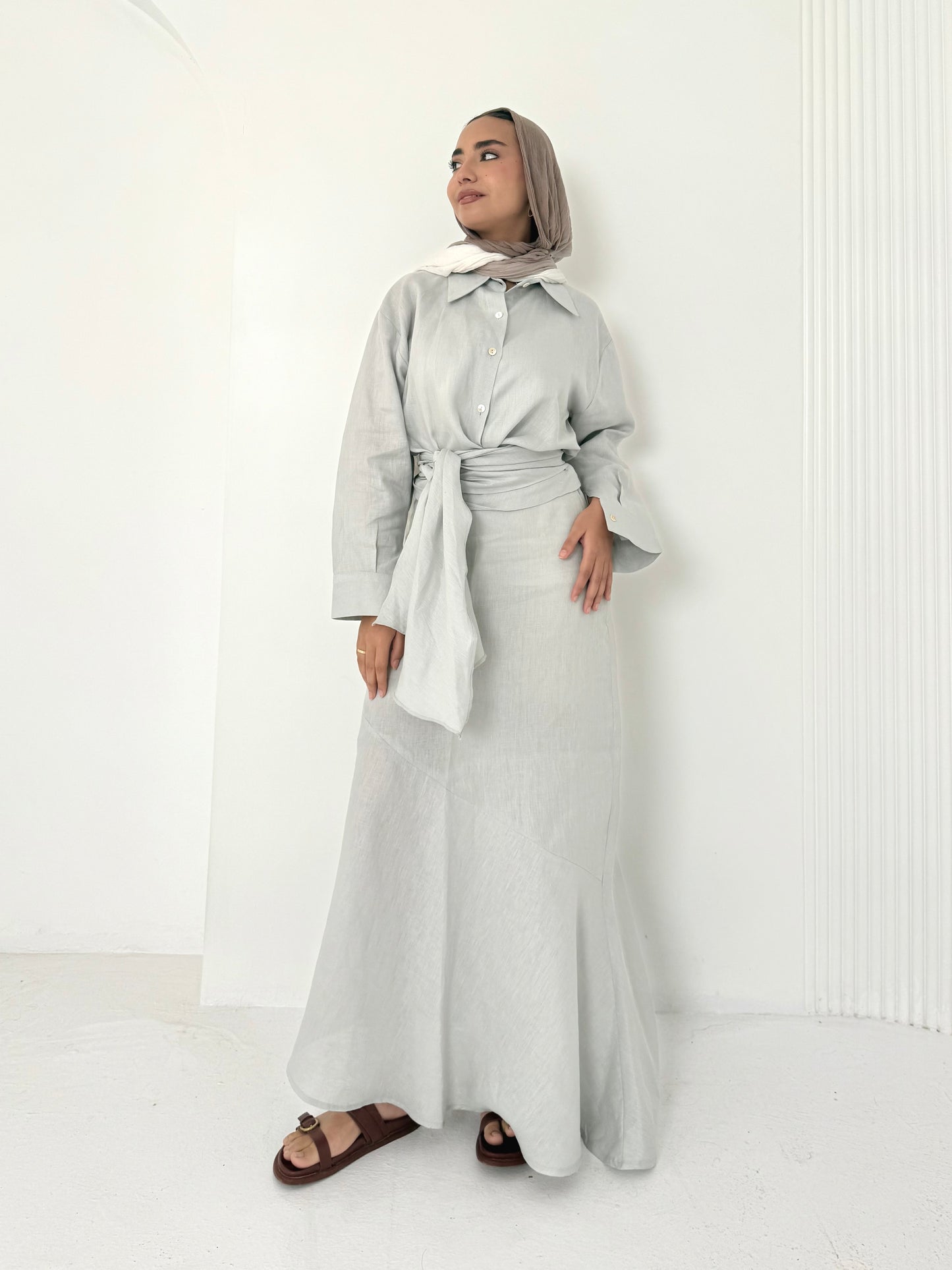 Gray pure linen set (lined skirt)