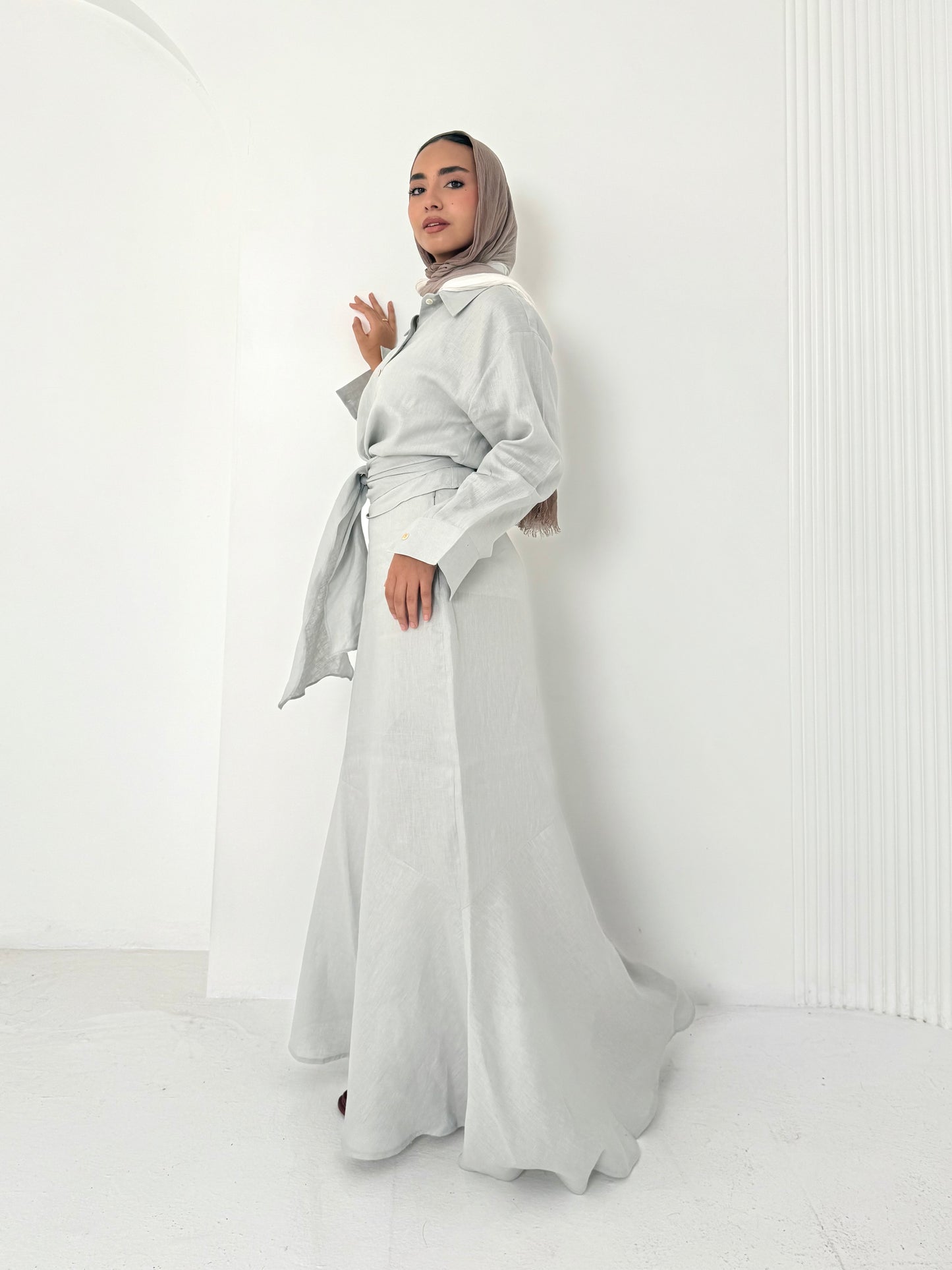 Gray pure linen set (lined skirt)