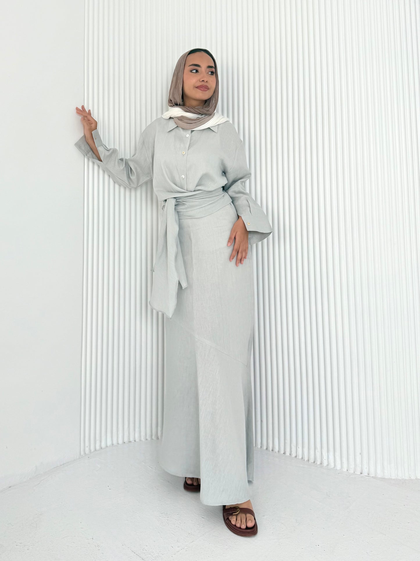 Gray pure linen set (lined skirt)