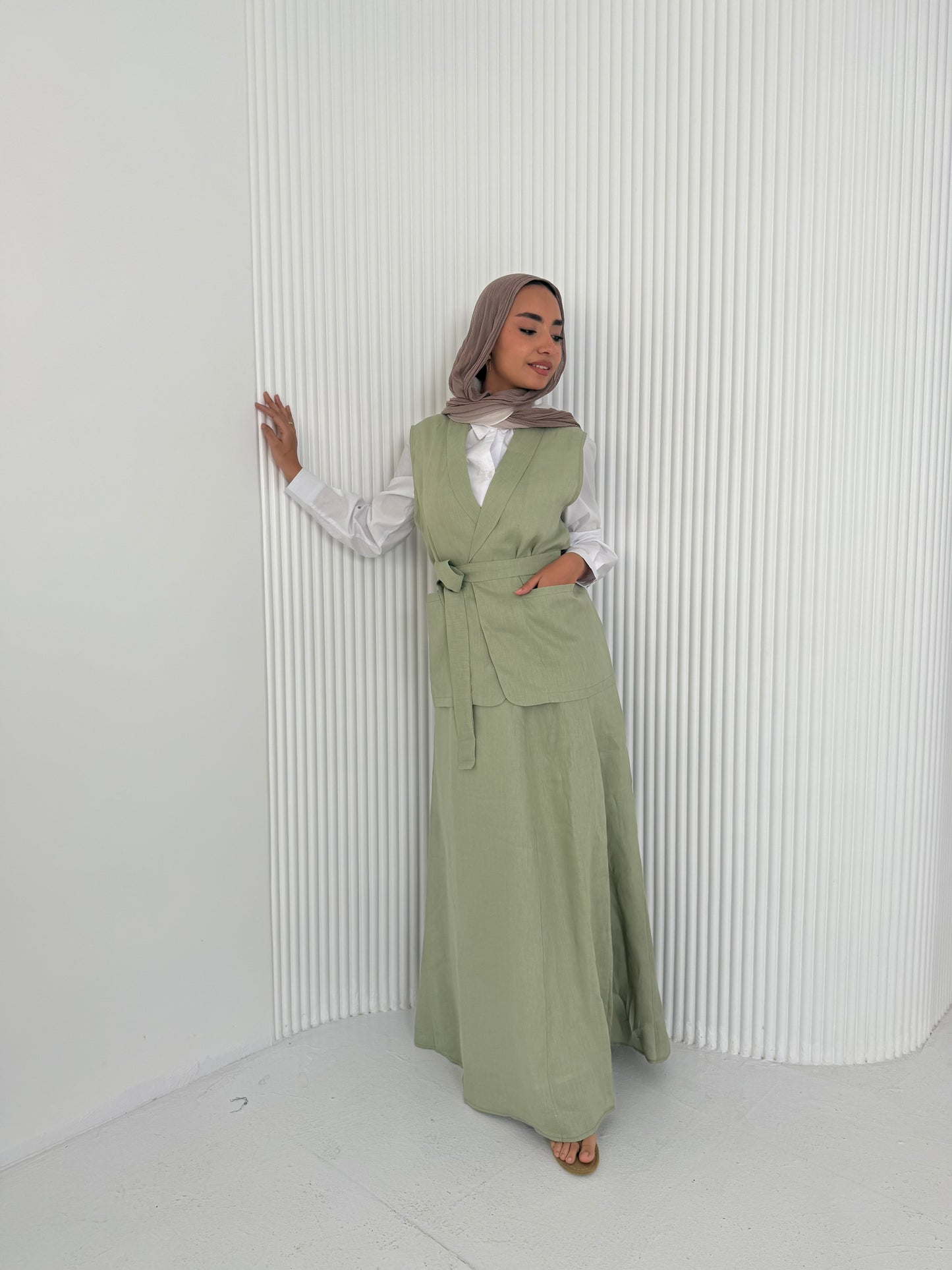 Olive pure linen vest set (lined skirt)