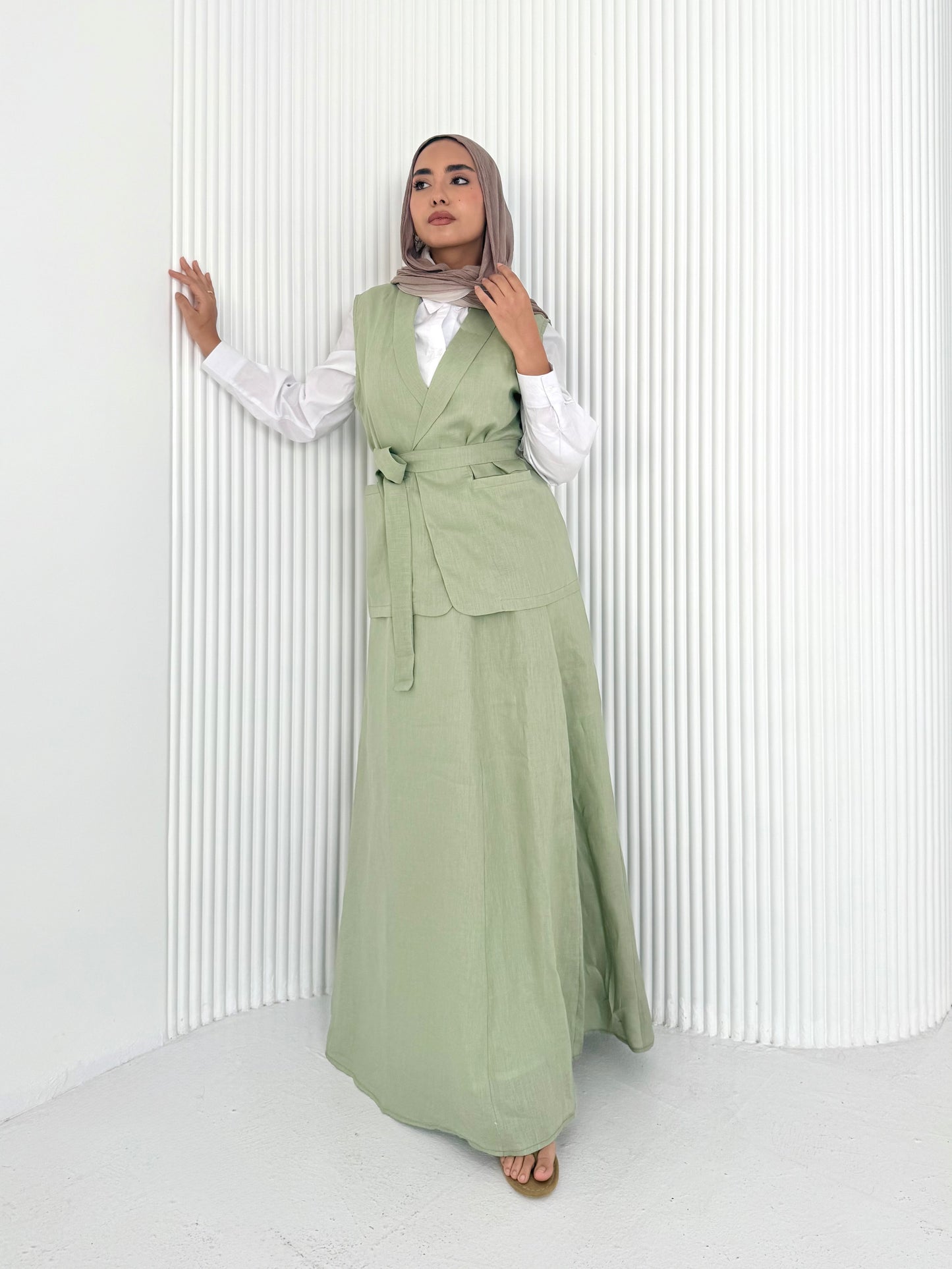 Olive pure linen vest set (lined skirt)