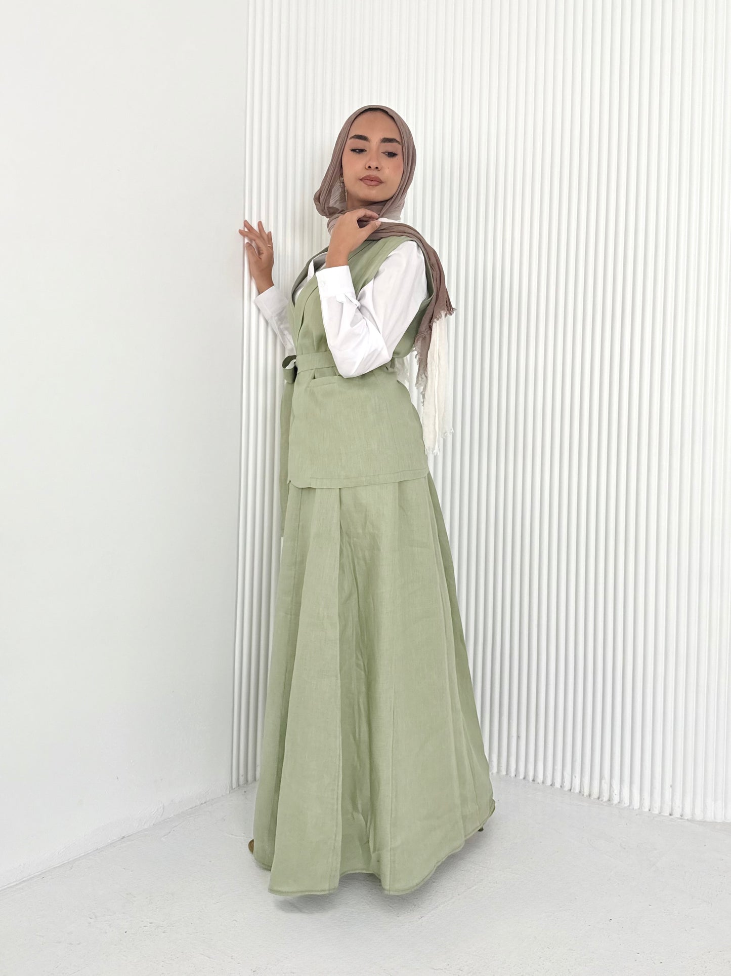 Olive pure linen vest set (lined skirt)