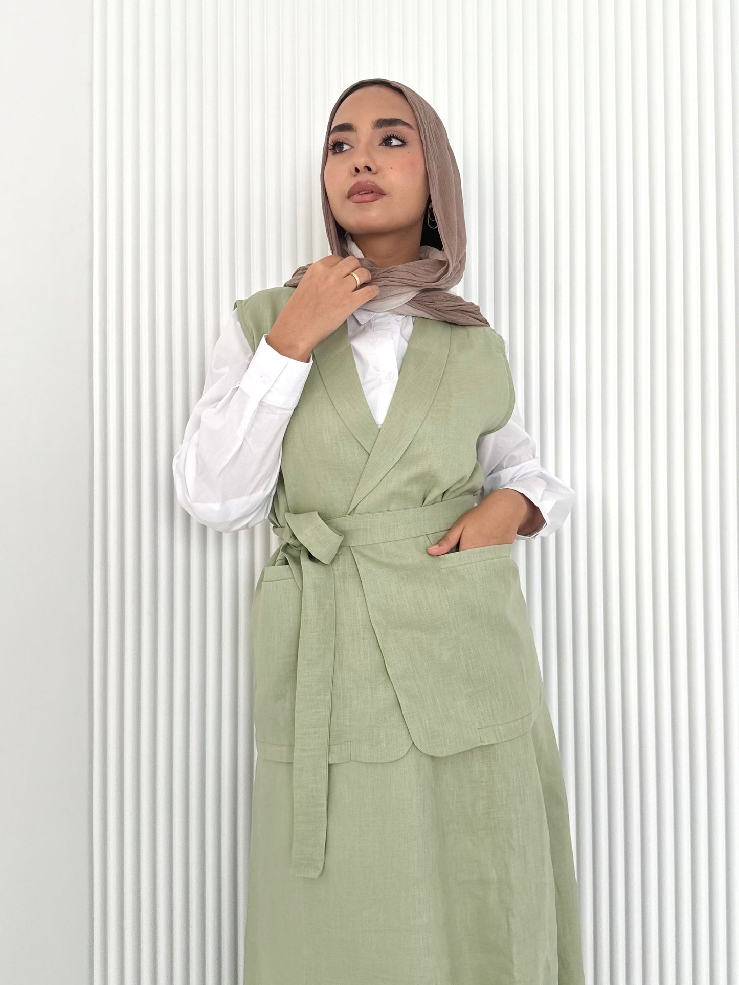 Olive pure linen vest set (lined skirt)