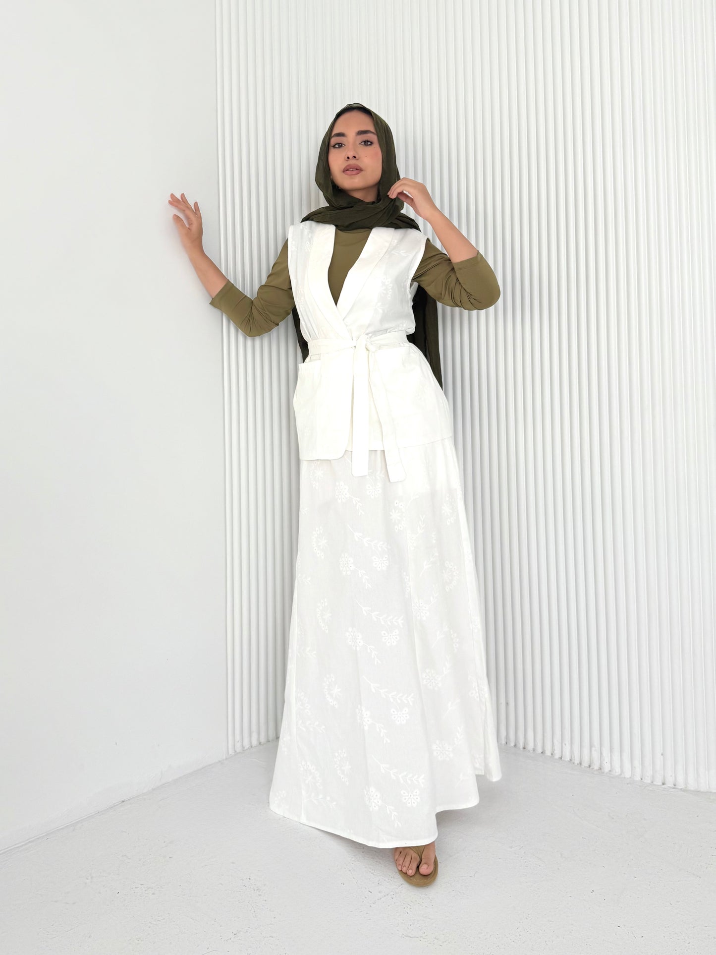 Off white embroidered gabardine vest set