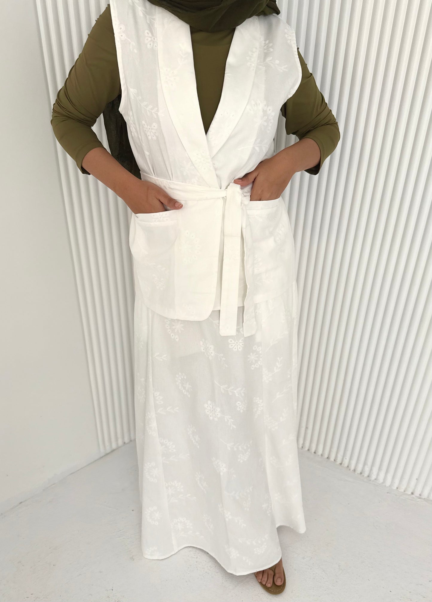 Off white embroidered gabardine vest set