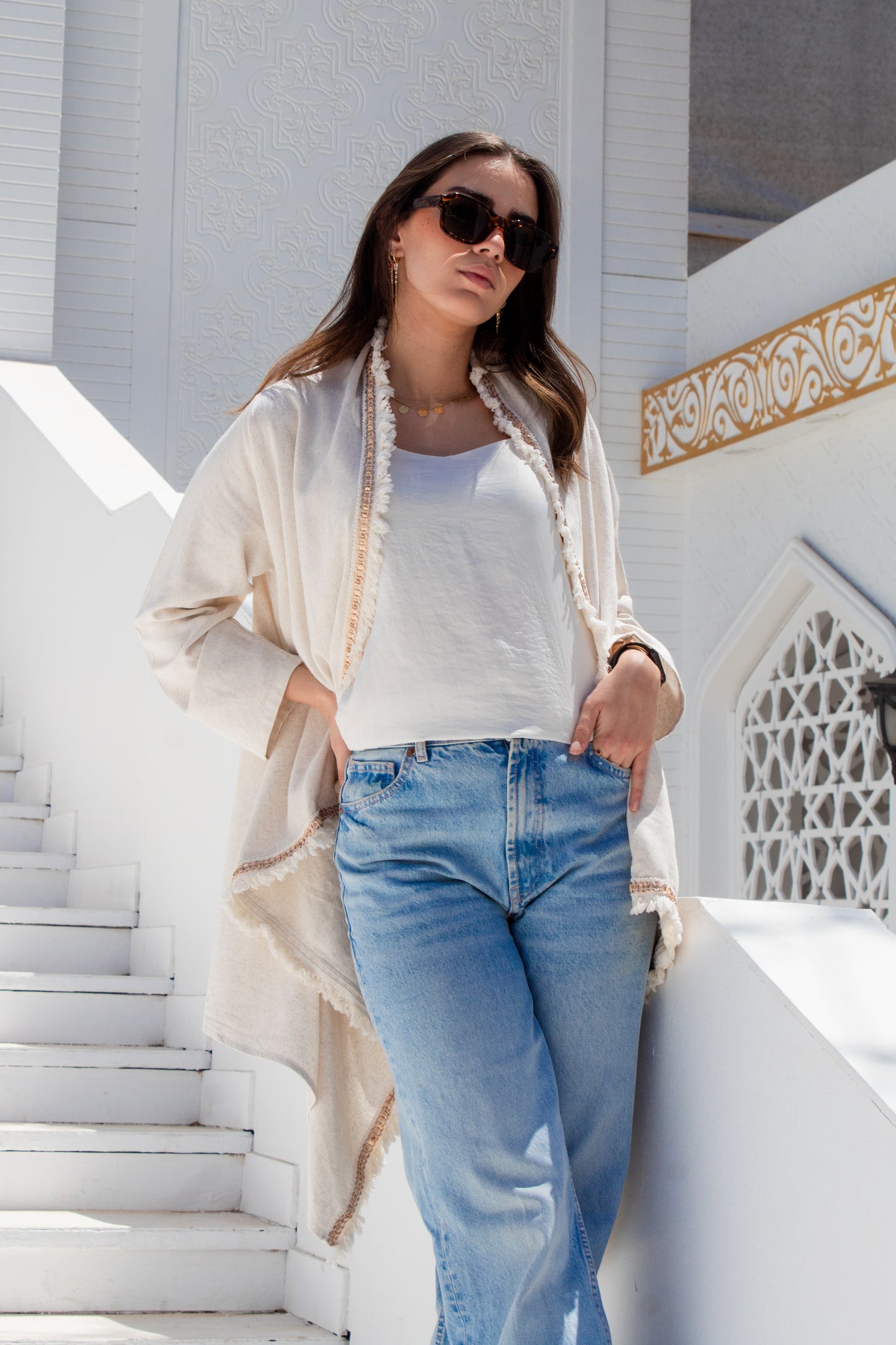 Cream linen high and low free size cardigan