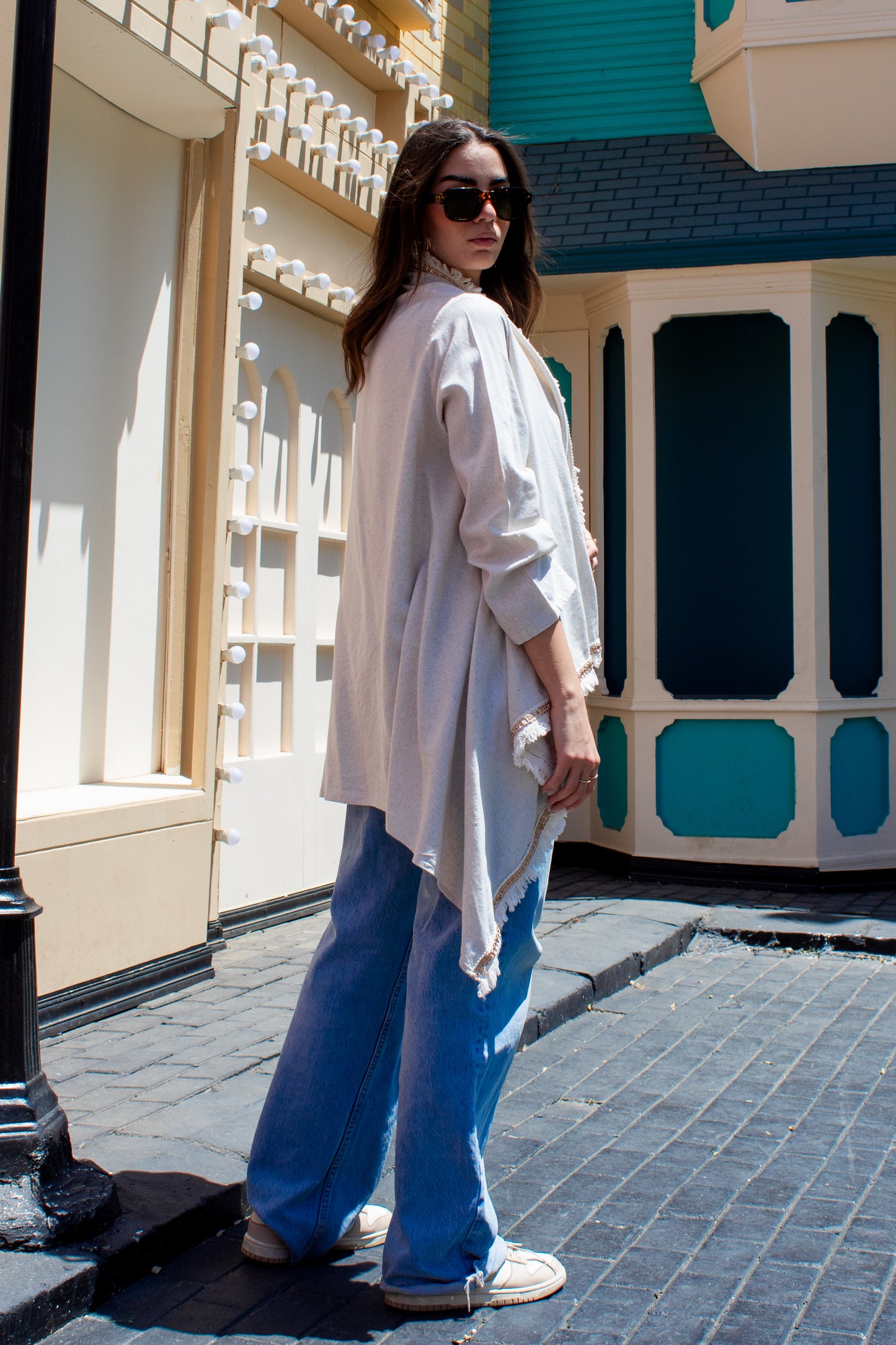 Cream linen high and low free size cardigan