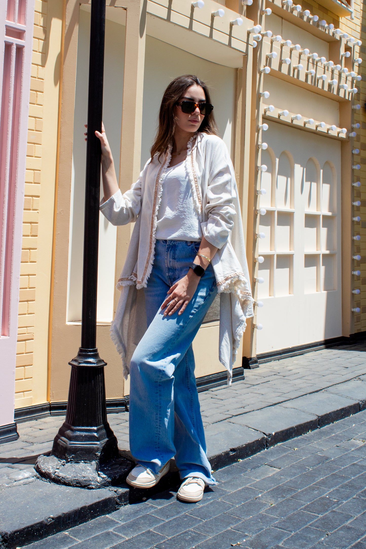 Cream linen high and low free size cardigan