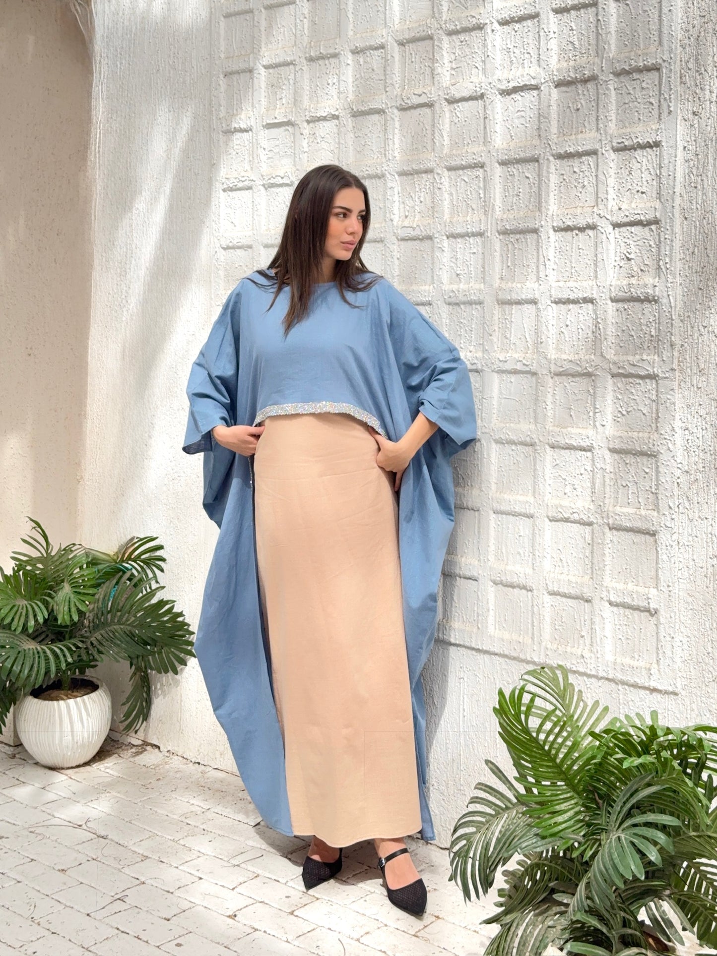 Shimmery Blue x Shimmery Beige Dress Abaya set