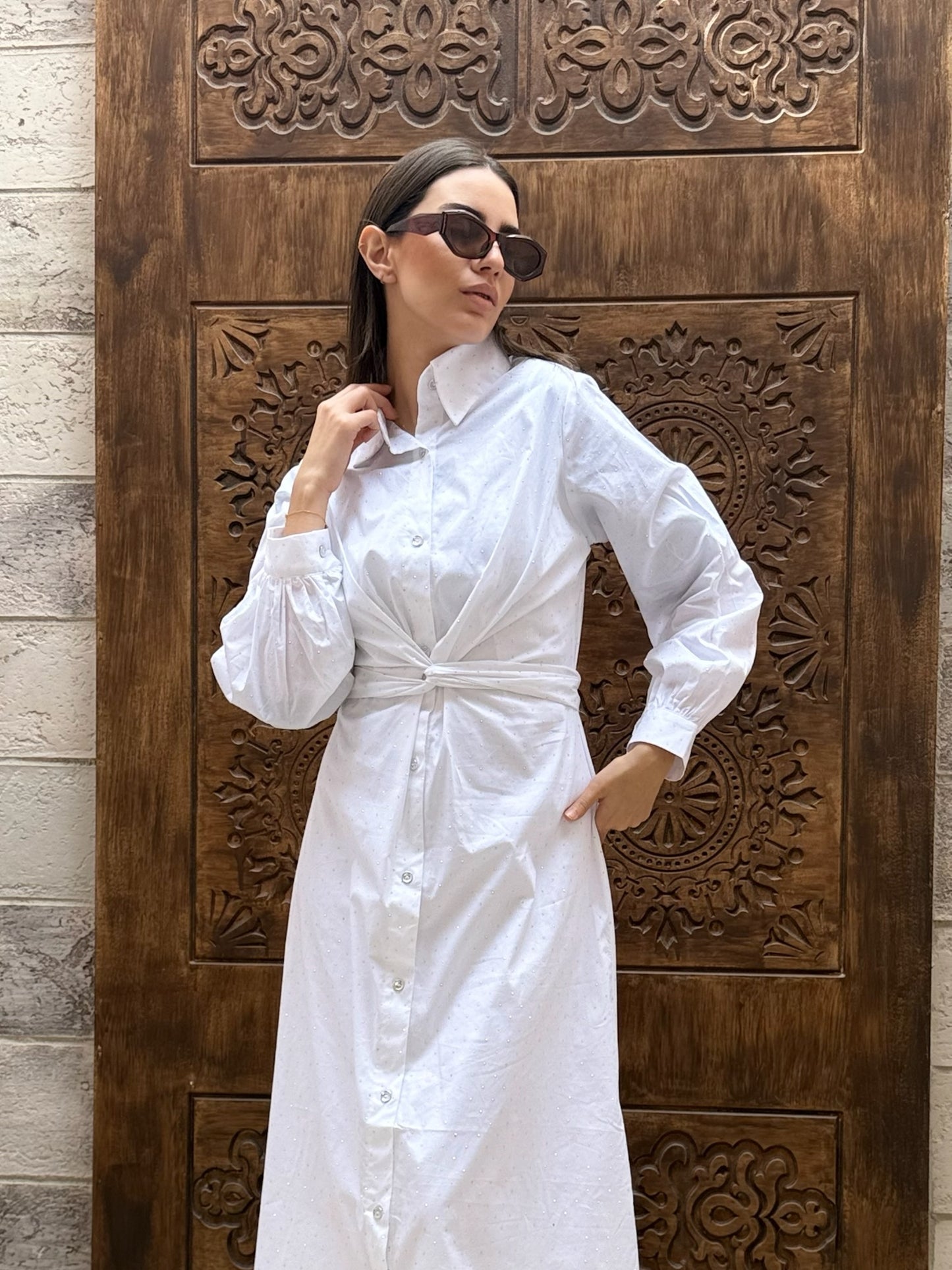 (Lily dress)White studded poplin dress
