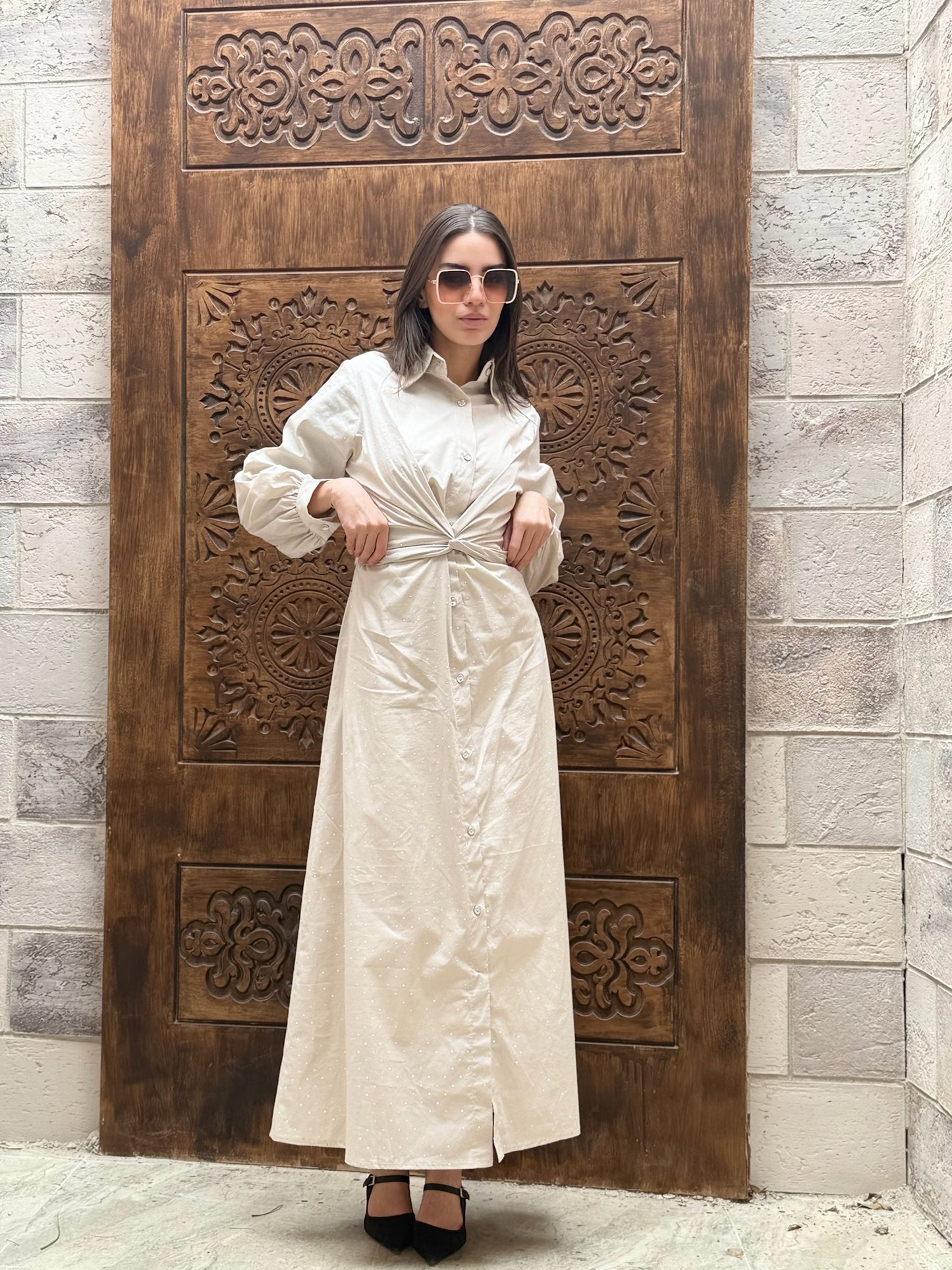 (Lily dress)Beige studded poplin dress