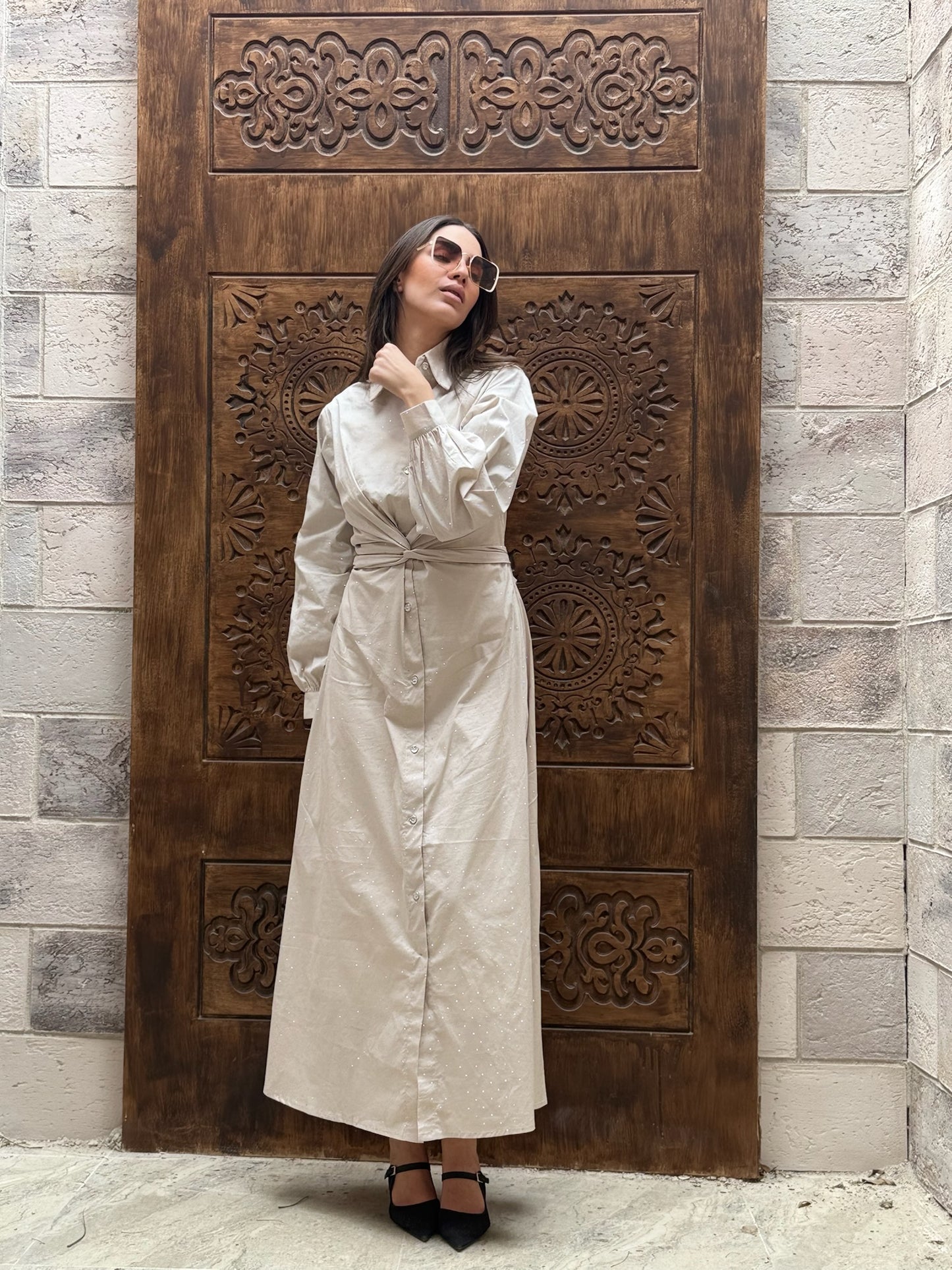 (Lily dress)Beige studded poplin dress