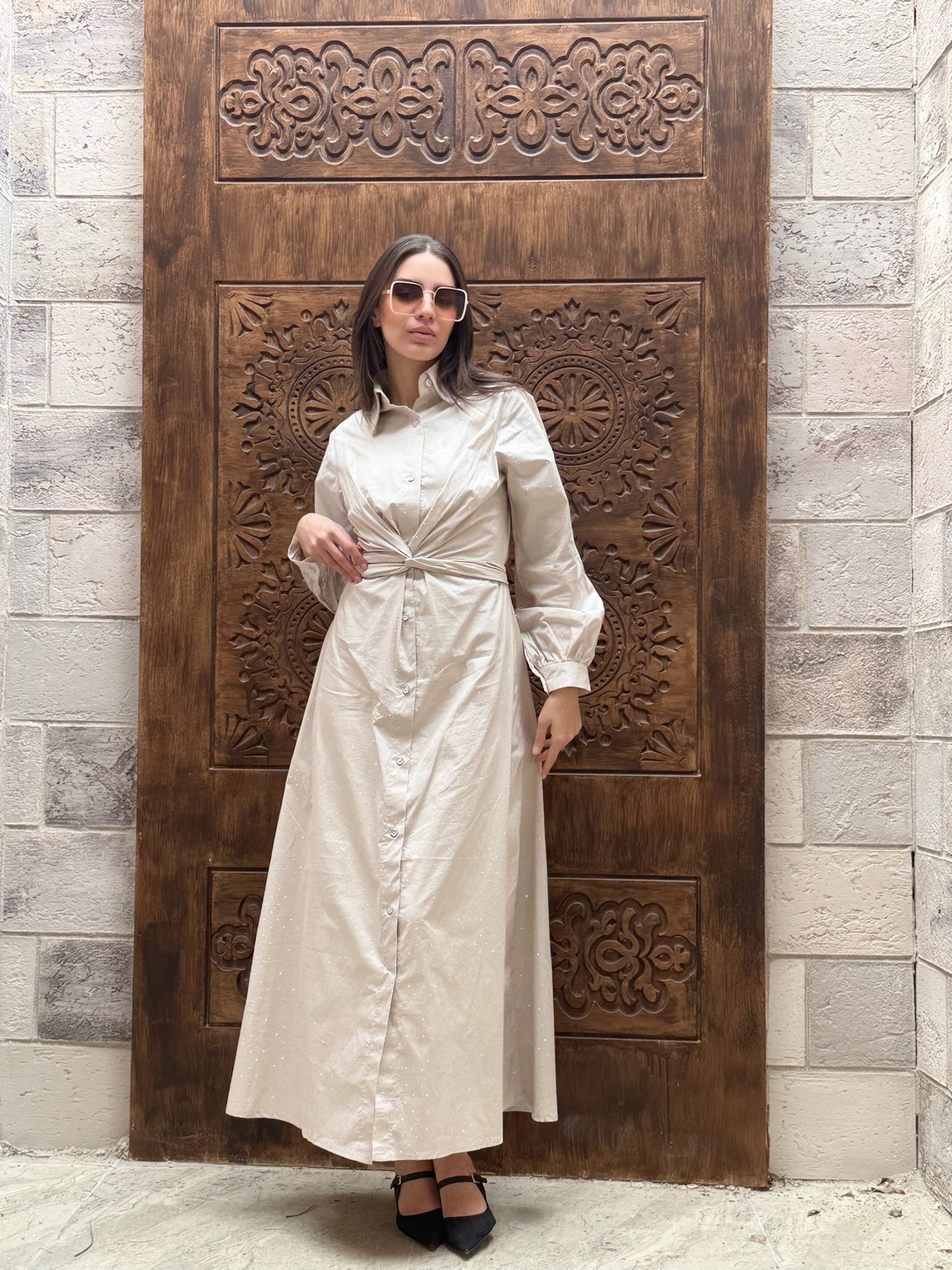 (Lily dress)Beige studded poplin dress