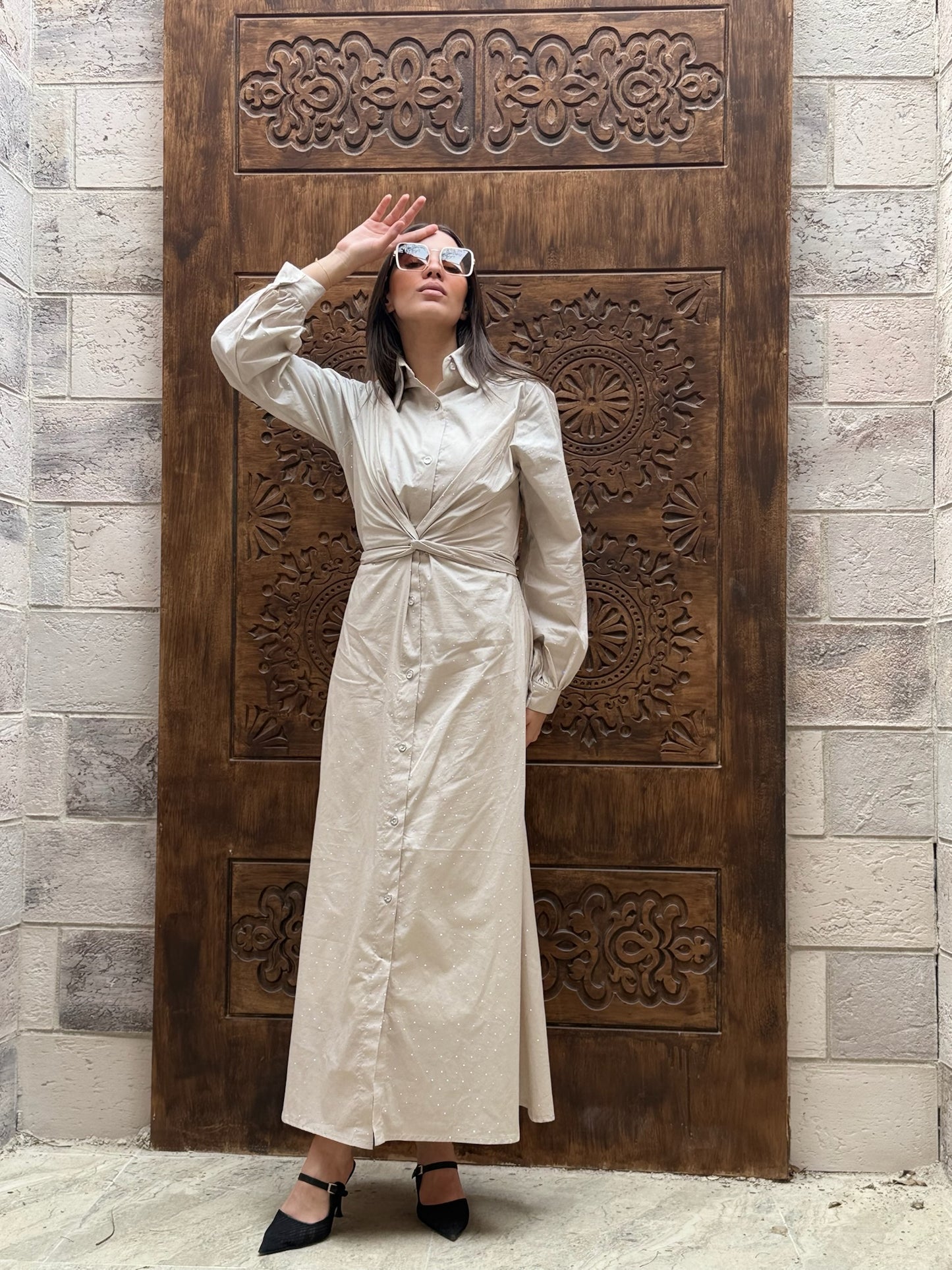 (Lily dress)Beige studded poplin dress
