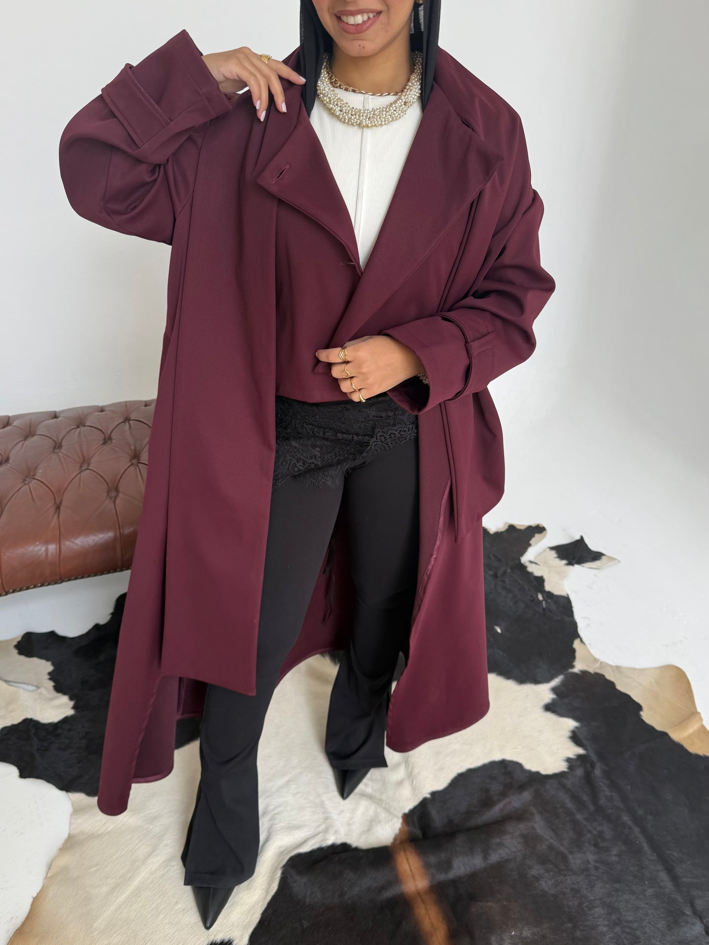 Asymmetric trench coat in Burgundy