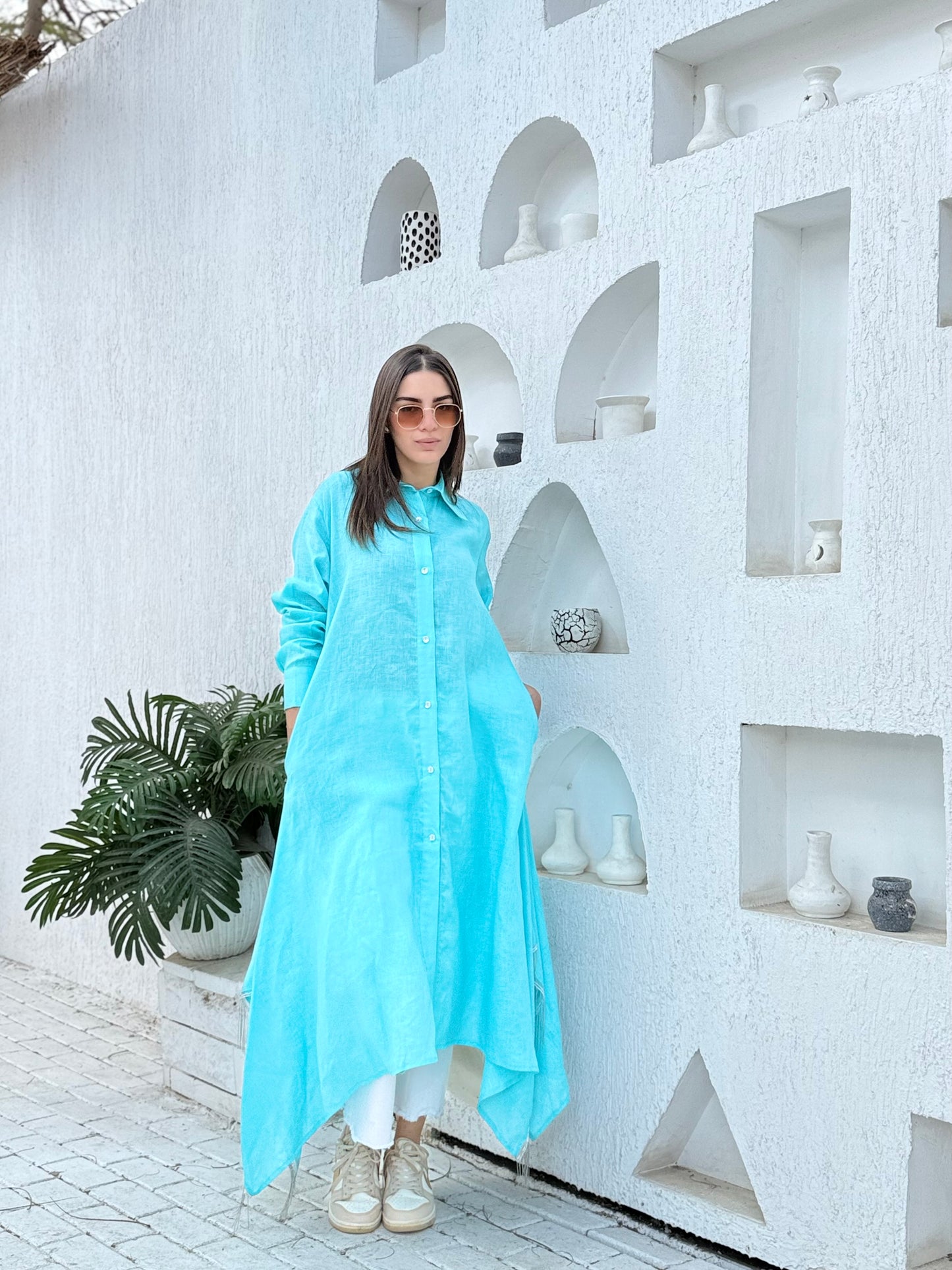 Turquoise pure linen shirt dress with silver fringes