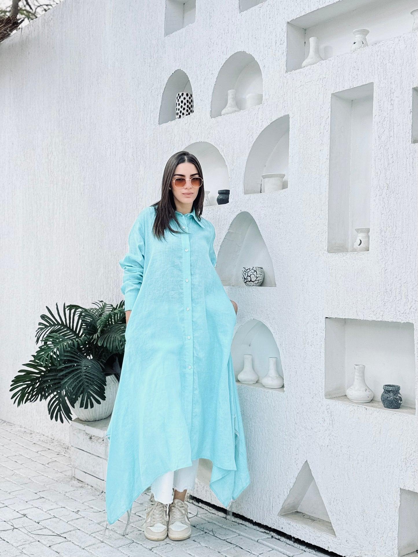 Light turquoise pure linen shirt dress