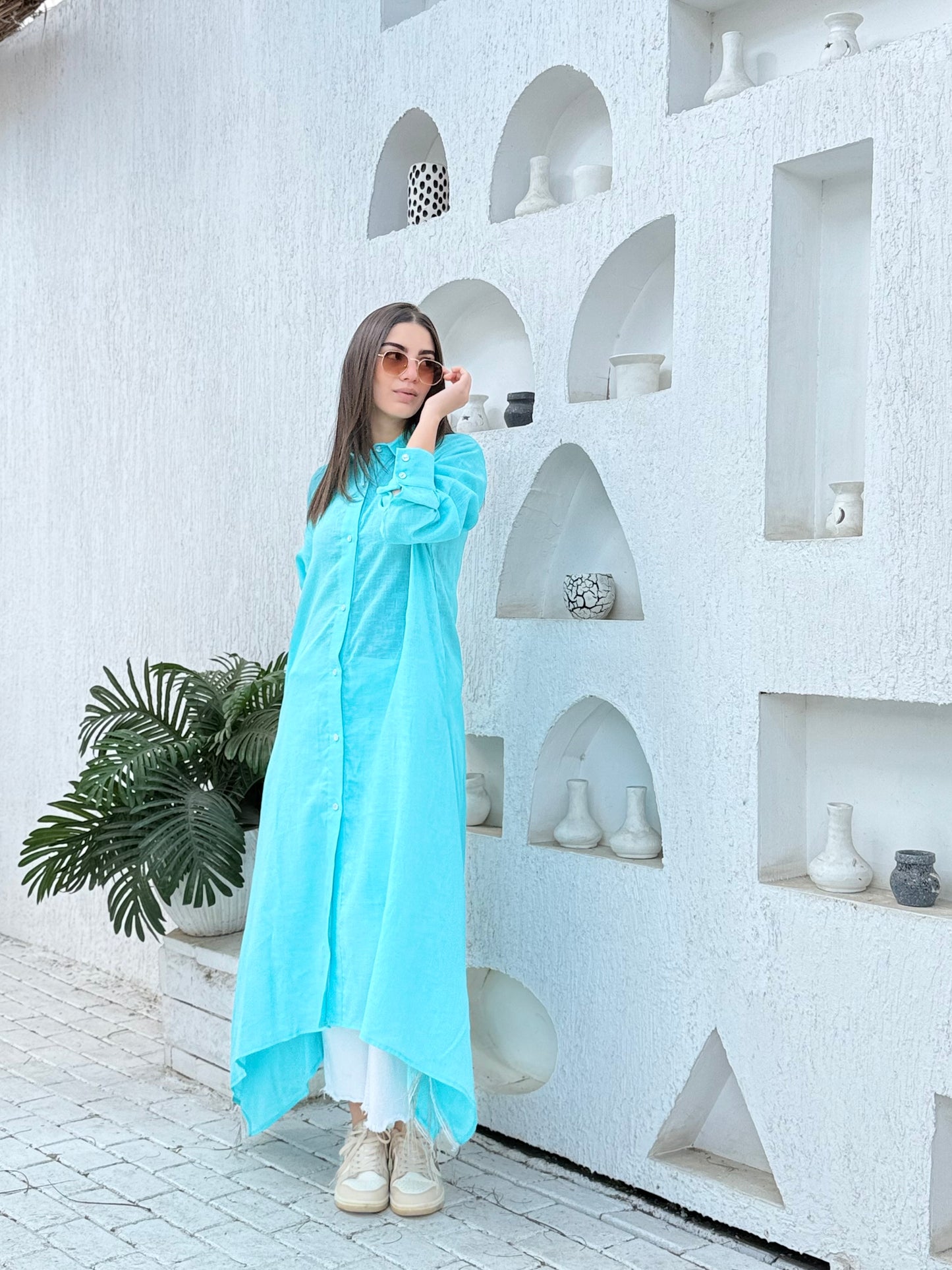 Turquoise pure linen shirt dress with silver fringes