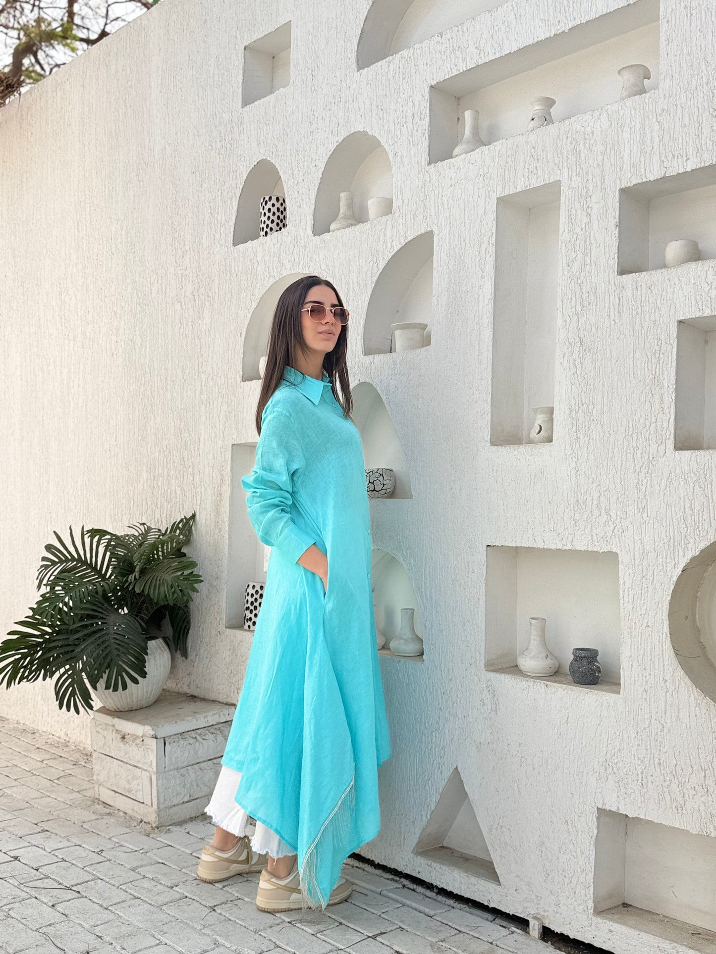 Turquoise pure linen shirt dress with silver fringes