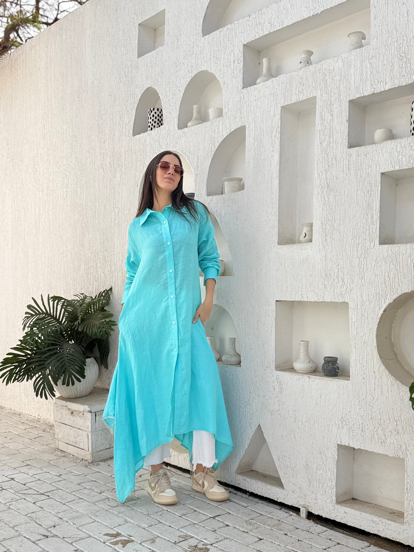 Turquoise pure linen shirt dress with silver fringes
