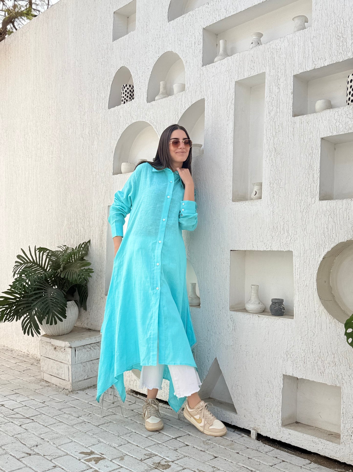 Turquoise pure linen shirt dress with silver fringes