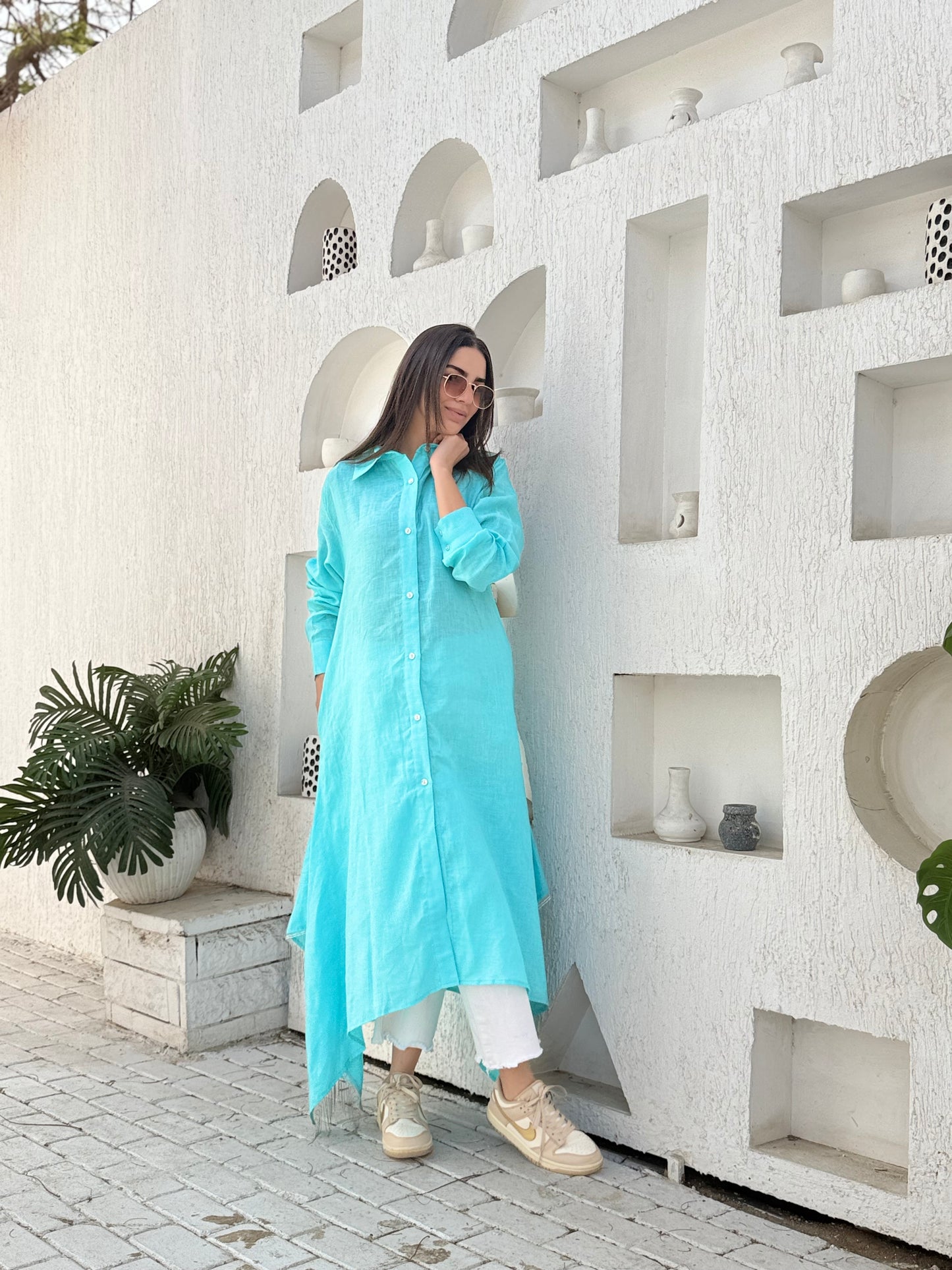 Turquoise pure linen shirt dress with silver fringes