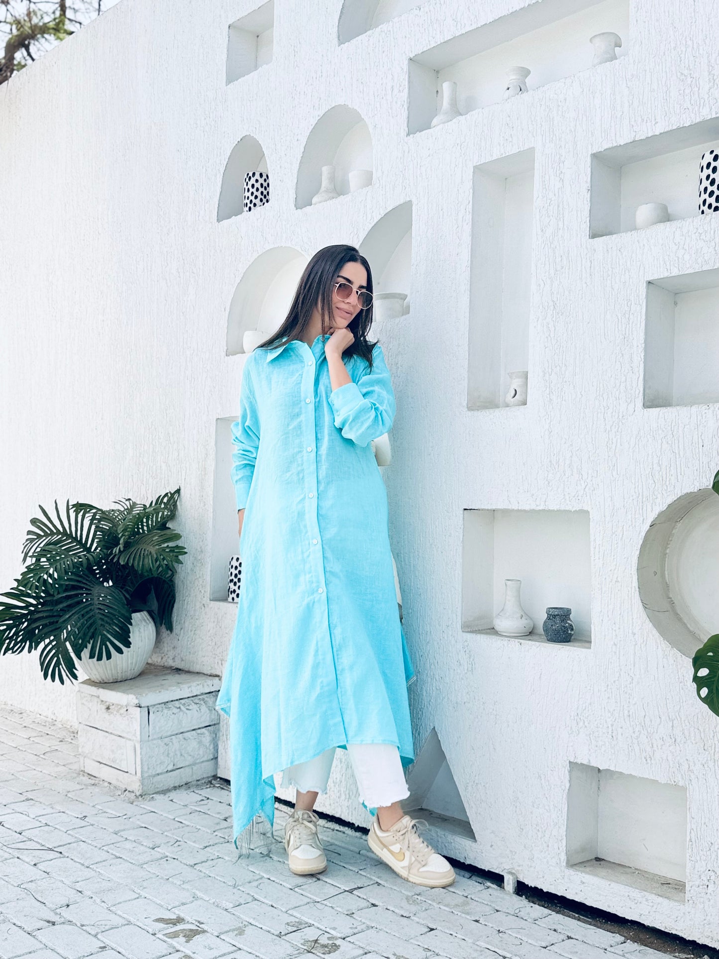 Light turquoise pure linen shirt dress