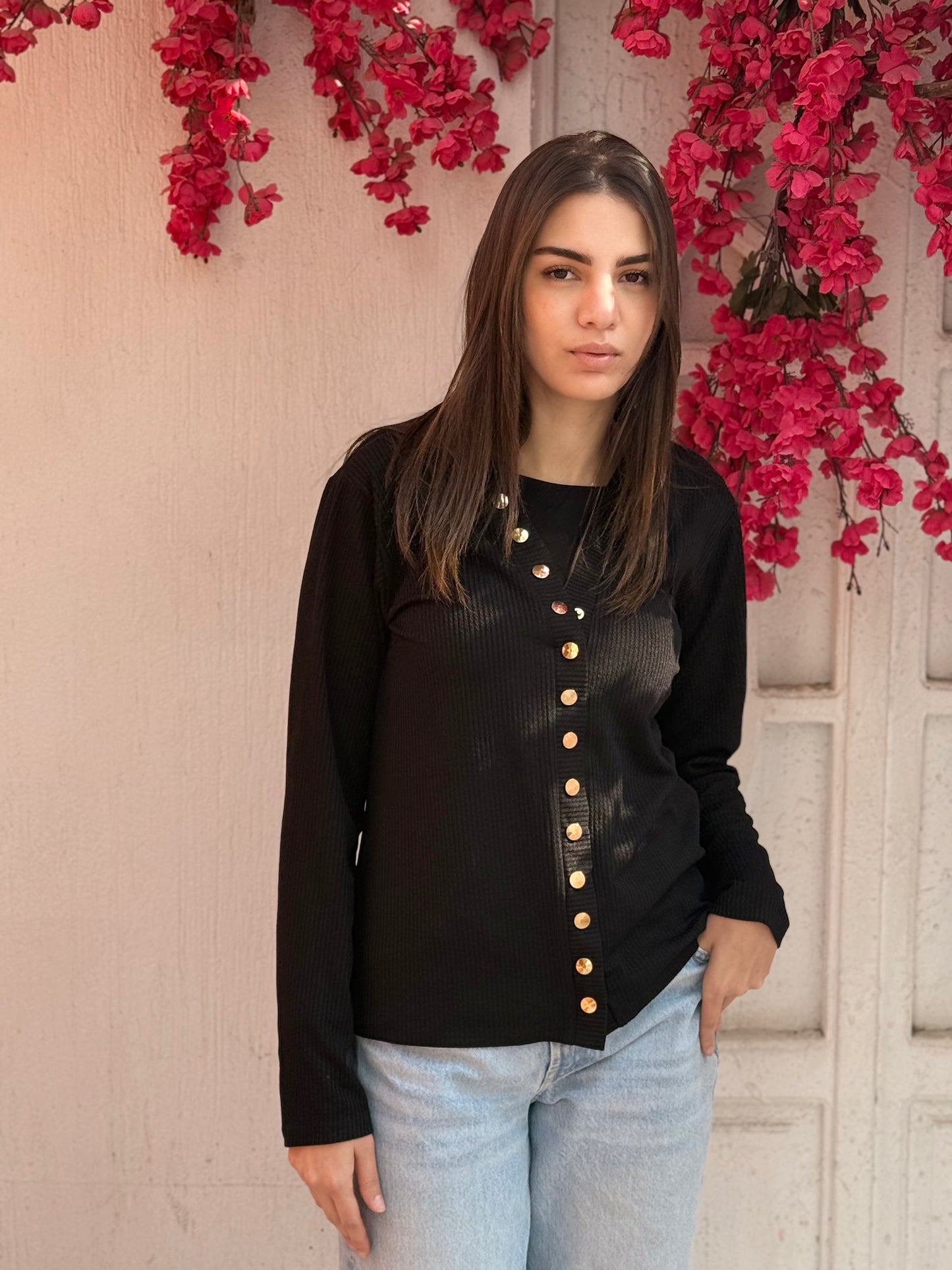 Black cardigan with golden bottoms