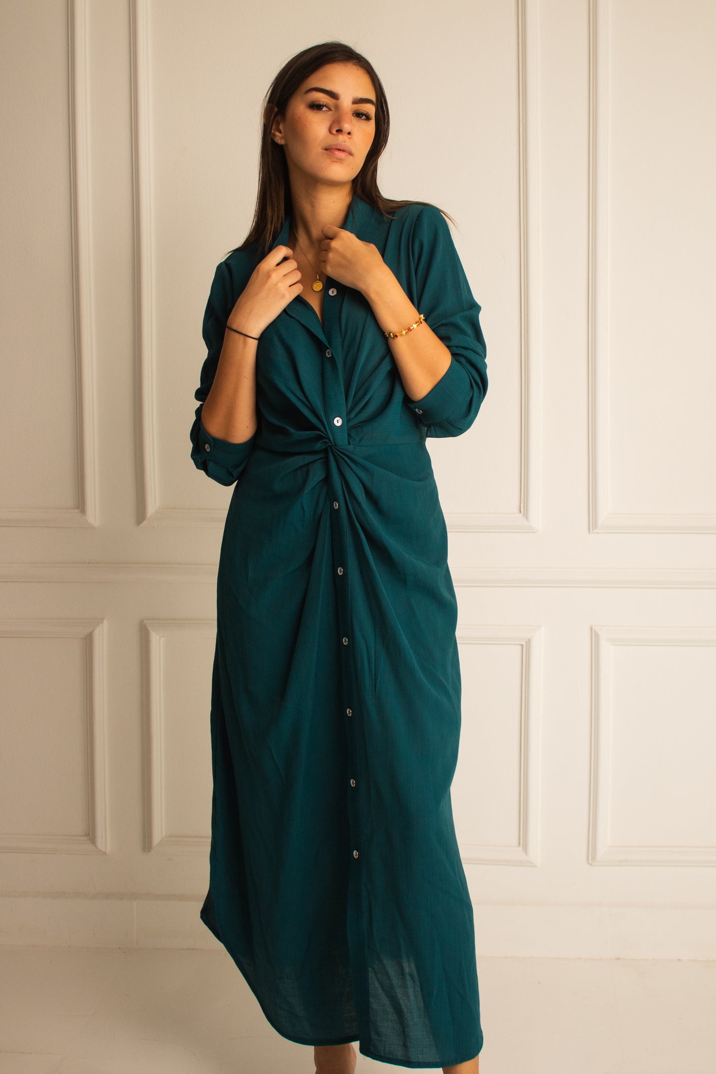 (Soli dress)Dark teal glass (Linen Mixed with Silk)dress