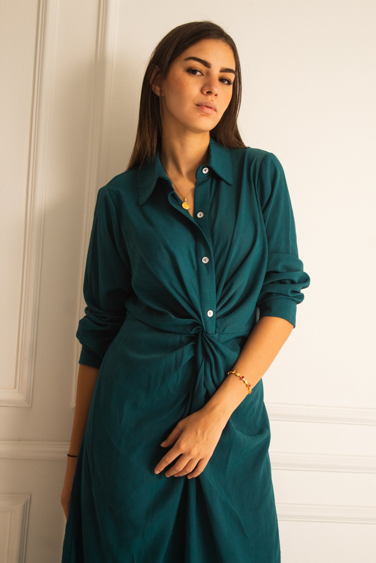 (Soli dress)Dark teal glass (Linen Mixed with Silk)dress