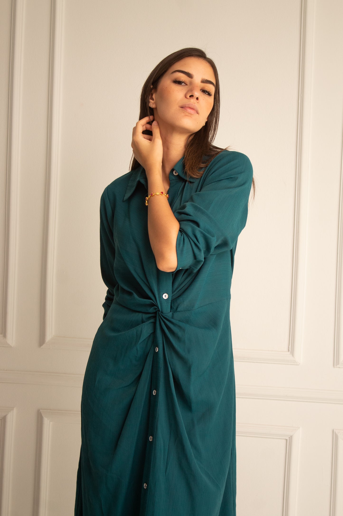 (Soli dress)Dark teal glass (Linen Mixed with Silk)dress