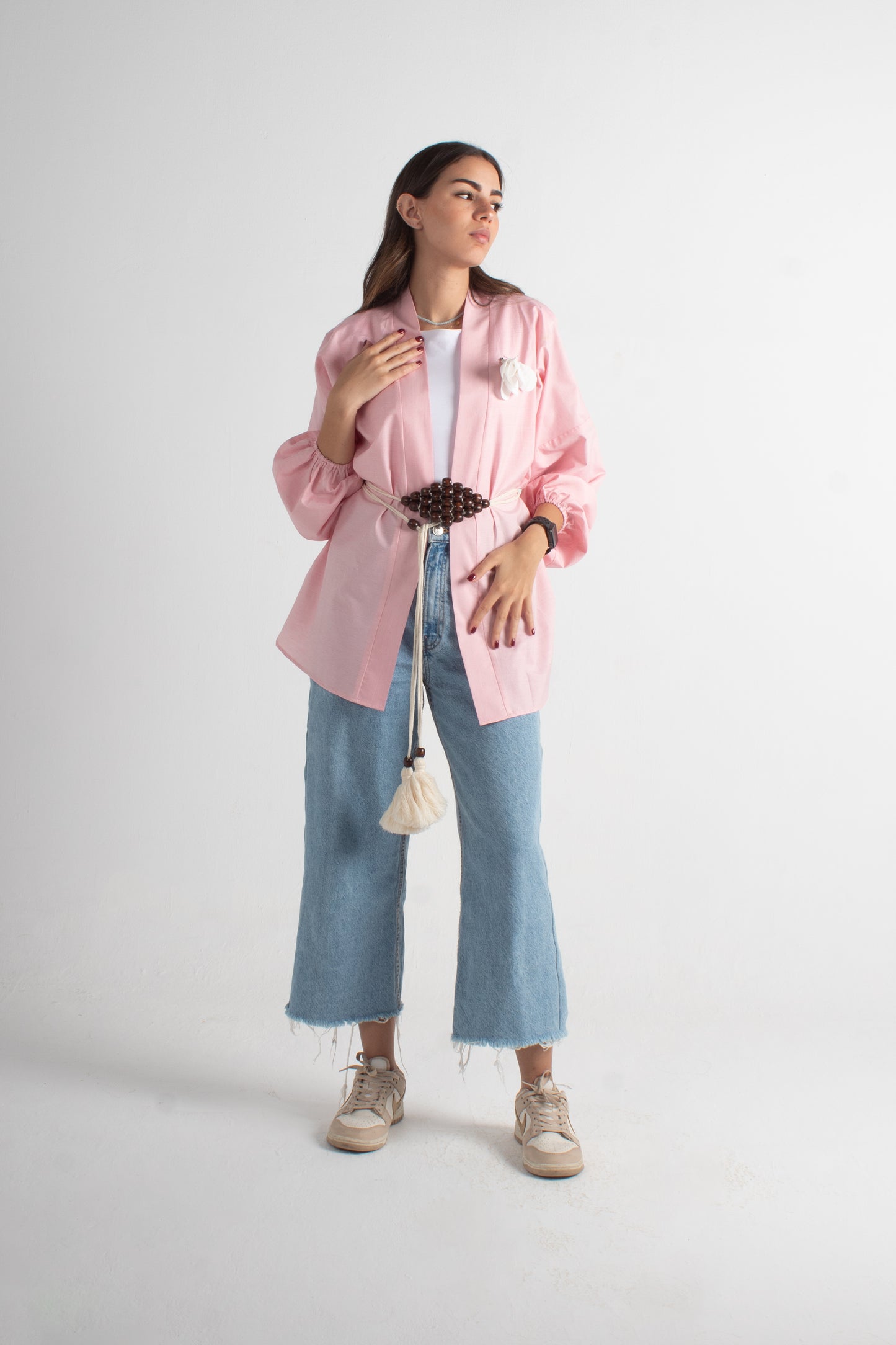 Lite pink freesize kimono with makrmia handmade belt